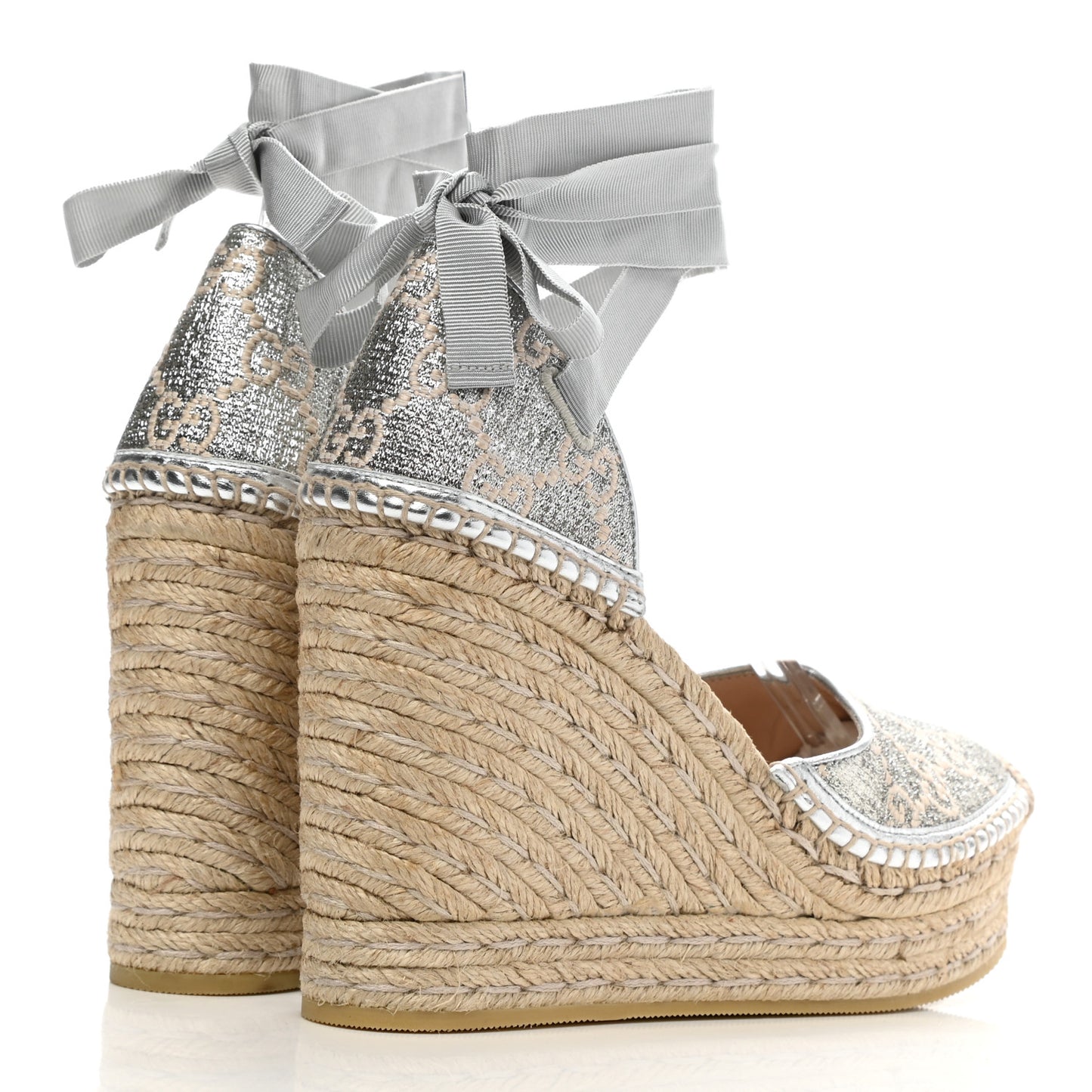 Lame GG Monogram Ankle Wrap Platform Espadrille Wedges 38 Silver Beige Light Grey