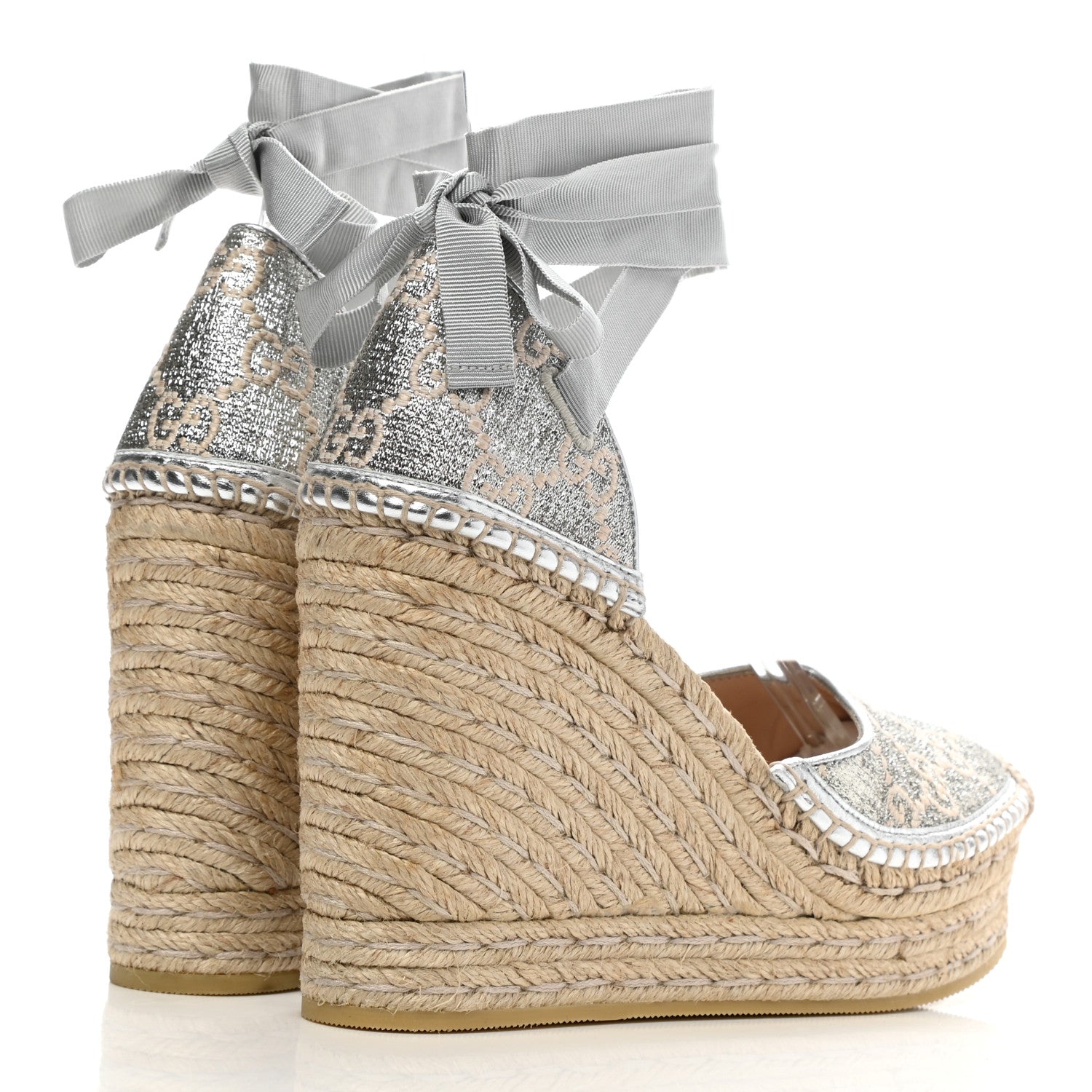 Gucci Lame GG Monogram Ankle Wrap Platform Espadrille Wedges 38 Silver Beige Light Grey 4 of 9