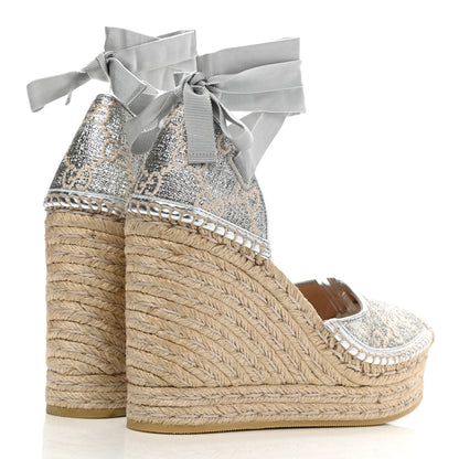 Gucci Lame GG Monogram Ankle Wrap Platform Espadrille Wedges 38 Silver Beige Light Grey 4 of 9
