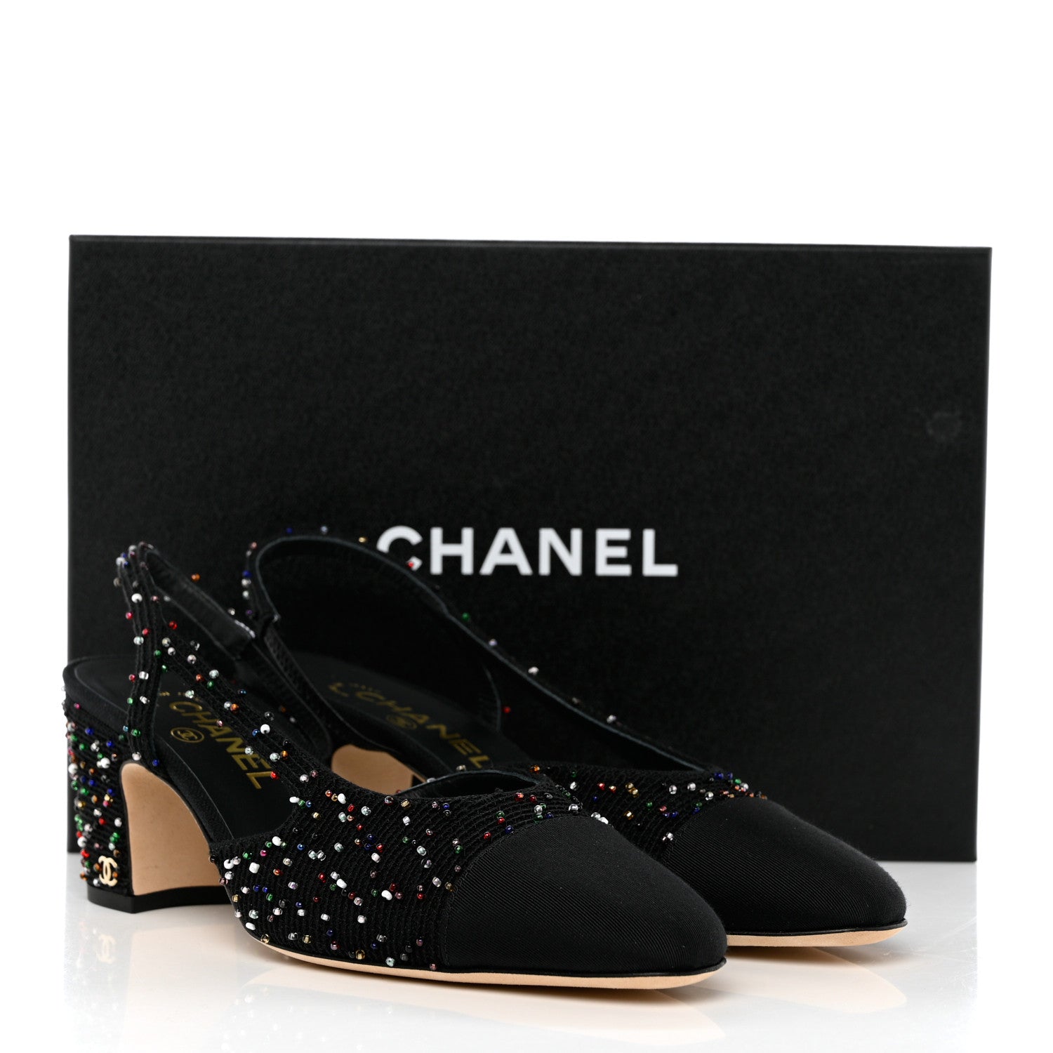 Chanel Tweed Beaded Cap Toe CC Slingback Pumps 38 Black 10 of 10