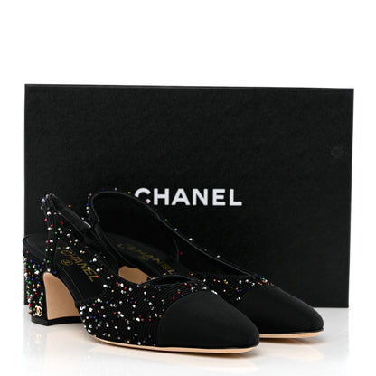 Chanel Tweed Beaded Cap Toe CC Slingback Pumps 38 Black 10 of 10