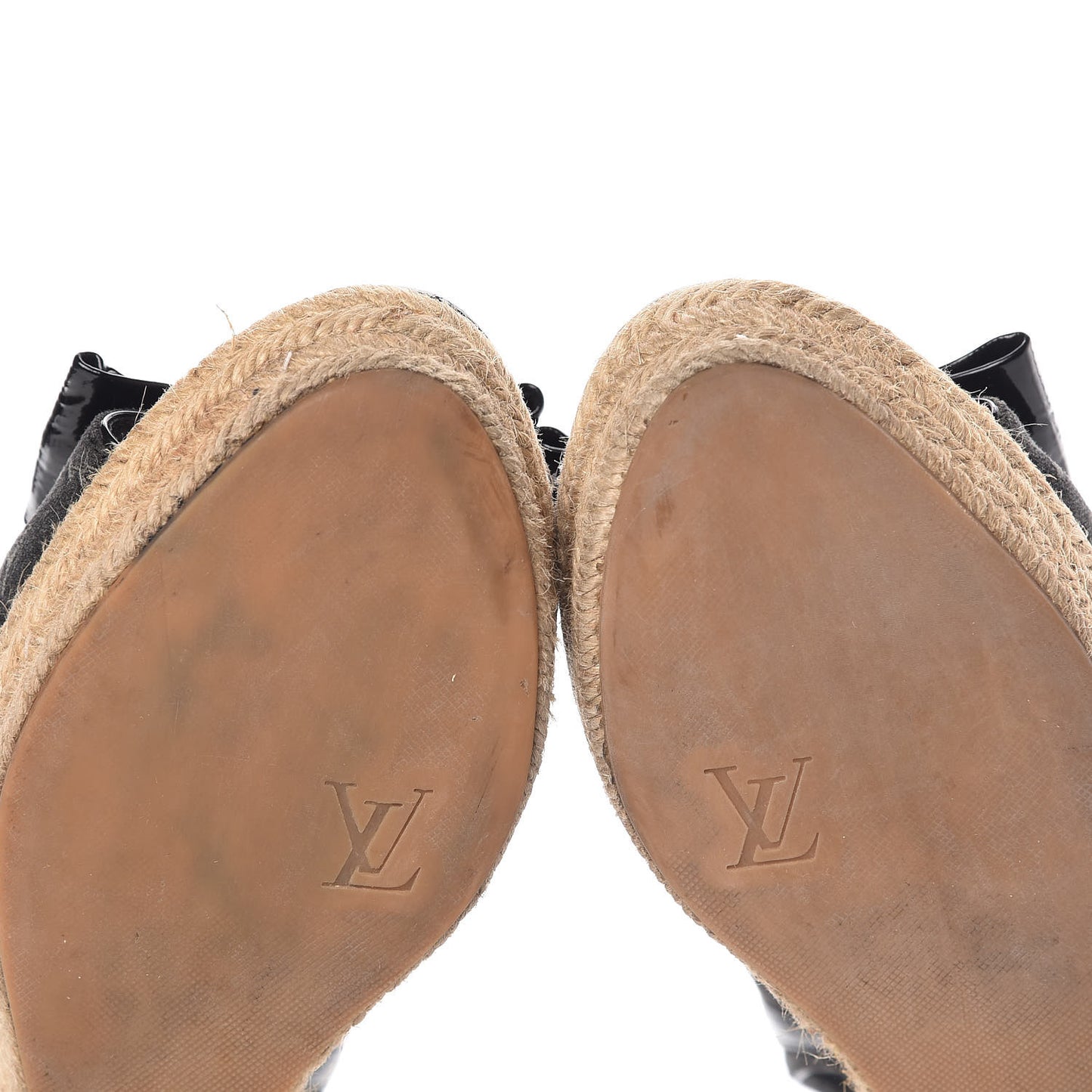 Denim Patent Monogram Bow Espadrille Wedges 38.5 Black