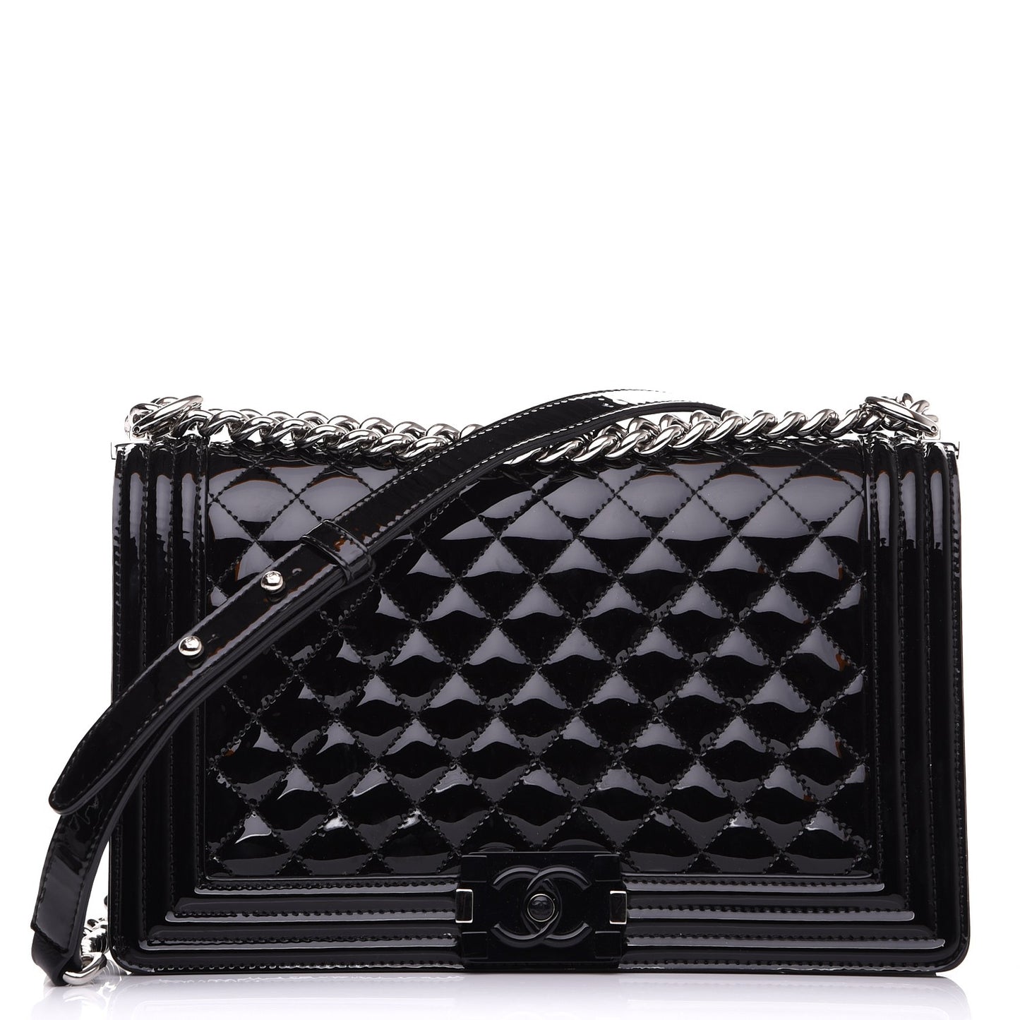 Patent Calfskin Quilted New Medium Plexiglass Boy Flap Black