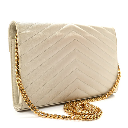 Saint Laurent Grain De Poudre Matelasse Chevron Monogram Chain Wallet Crema Soft 3 of 9