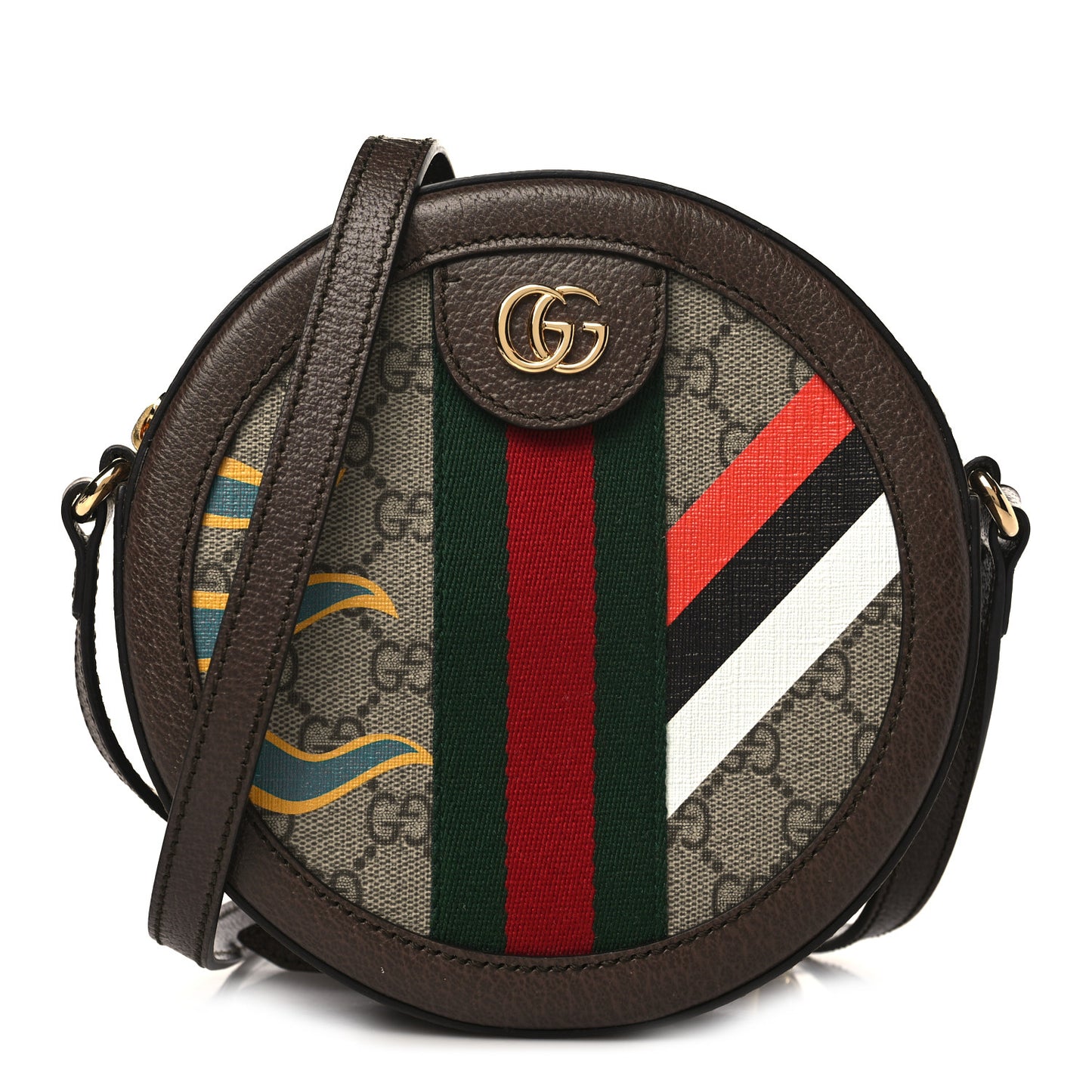 GG Supreme Monogram Equestrian Web Mini Ophidia Round Shoulder Bag Brown