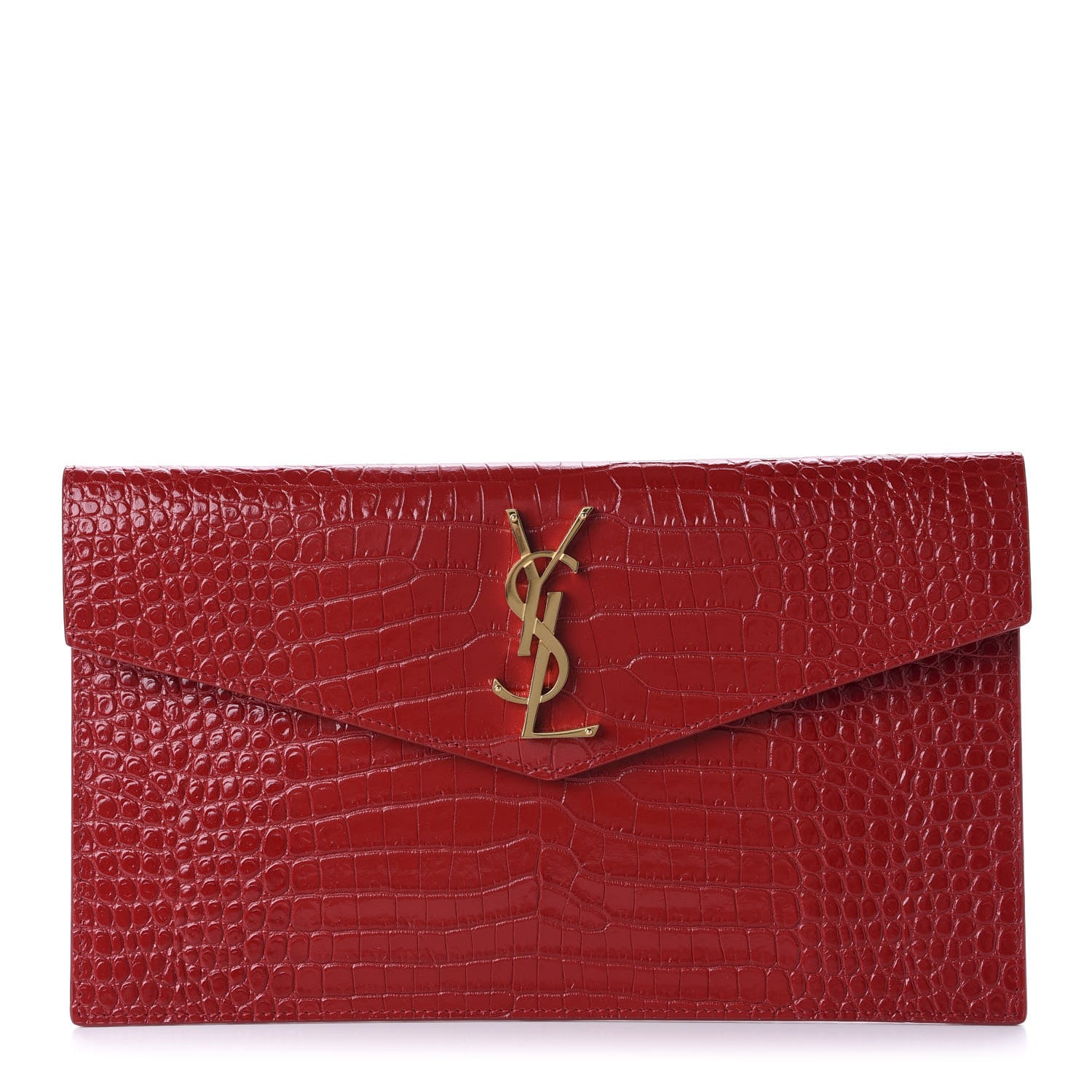 Saint Laurent Calfskin Crocodile Embossed Uptown Monogram Clutch Rouge Eros 1 of 9