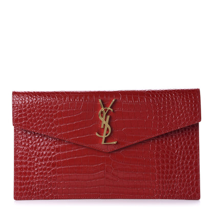 Saint Laurent Calfskin Crocodile Embossed Uptown Monogram Clutch Rouge Eros 1 of 9
