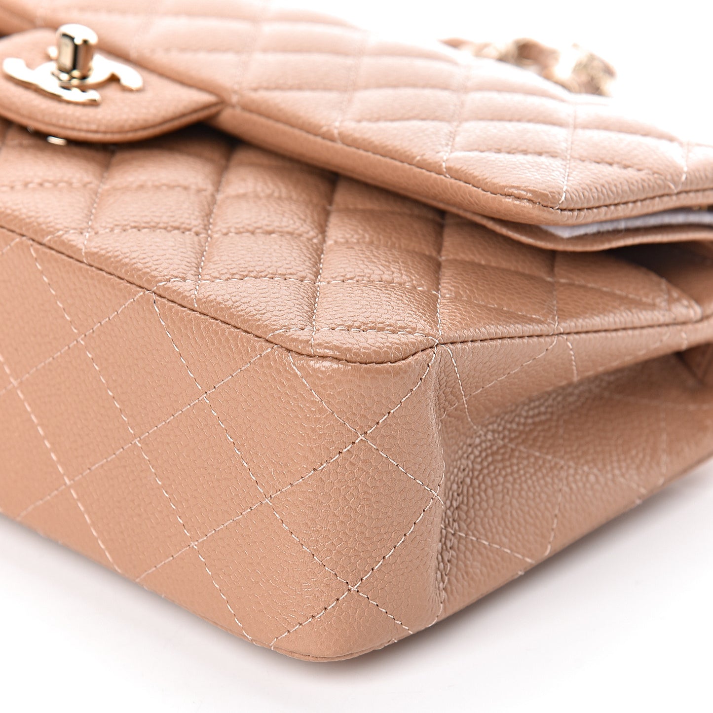 Iridescent Caviar Quilted Medium Double Flap Beige