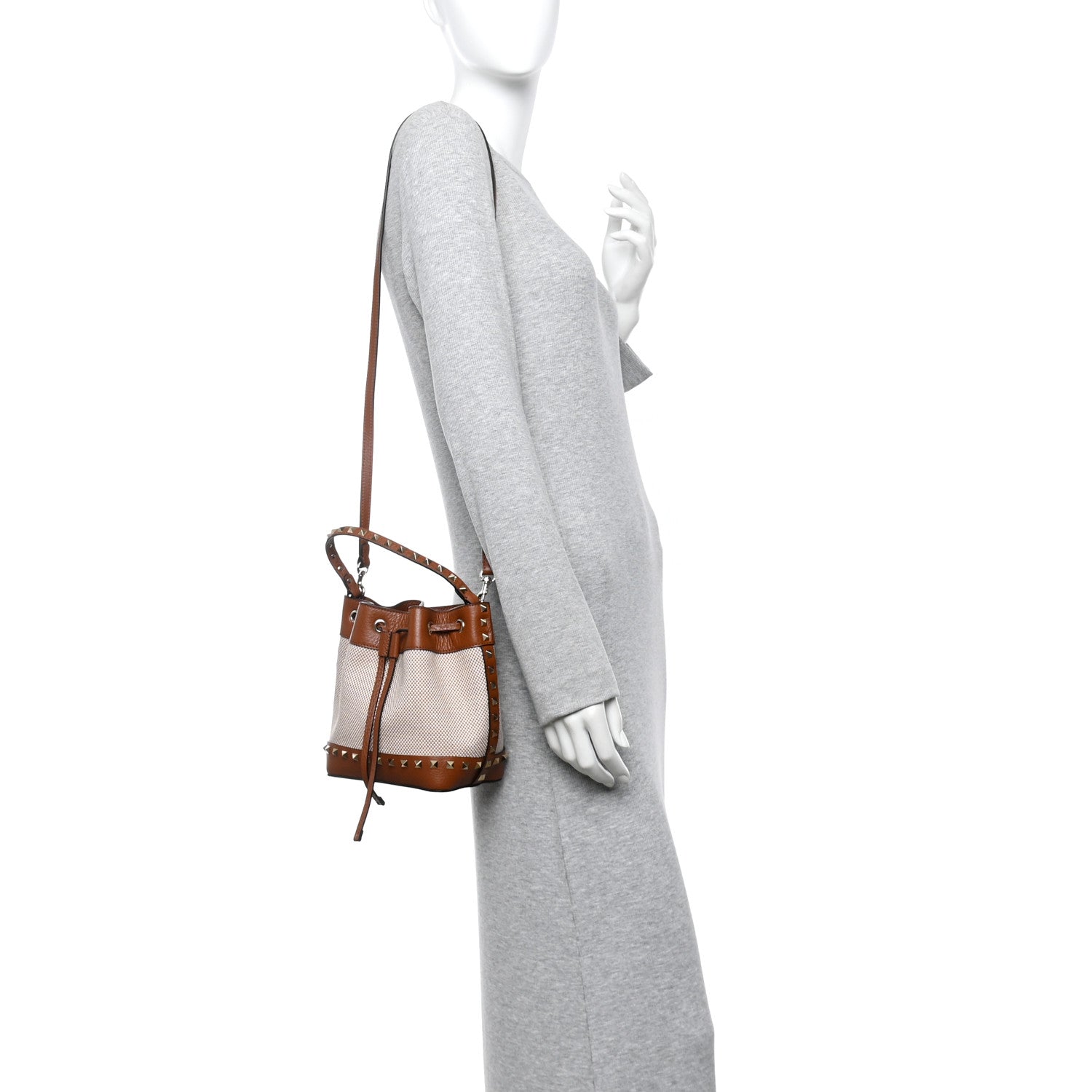 Valentino Garavani Canvas Grained Calfskin Rockstud Drawstring Bucket Bag Naturale Tobacco 2 of 9