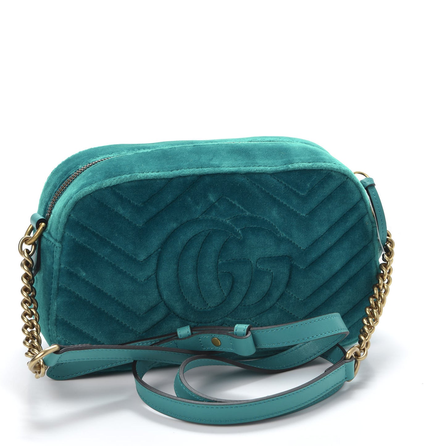 Velvet Matelasse Small GG Marmont Chain Shoulder Bag Pavone Cyan