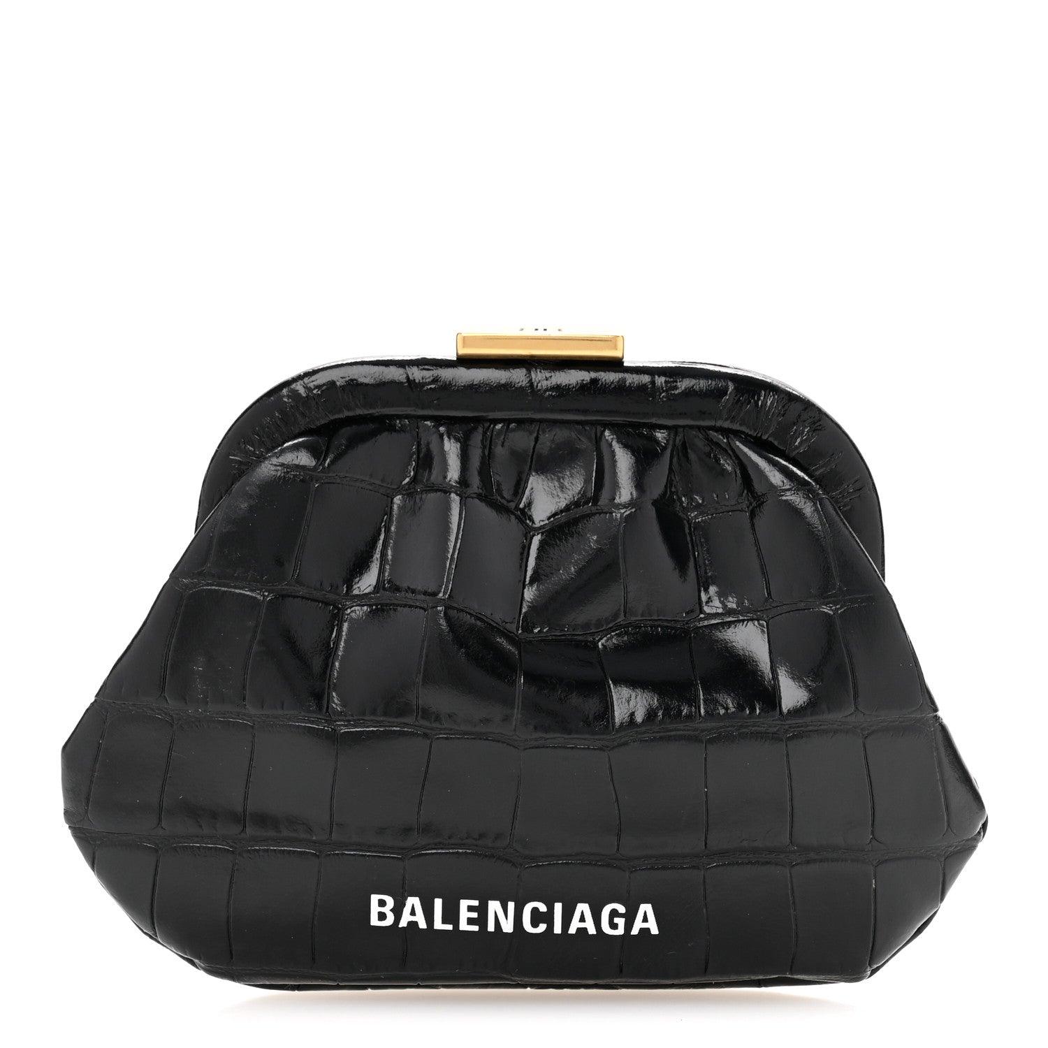 Balenciaga Shiny Supple Calfskin Logo Crocodile Embossed Cloud Coin Purse Black White 1 of 11