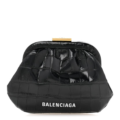Balenciaga Shiny Supple Calfskin Logo Crocodile Embossed Cloud Coin Purse Black White 1 of 11