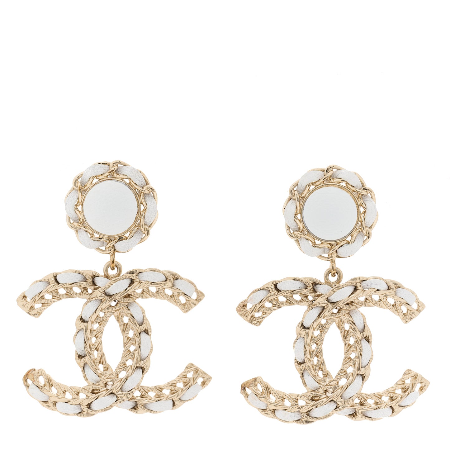 Lambskin Metal Chain CC Drop Earrings White Gold