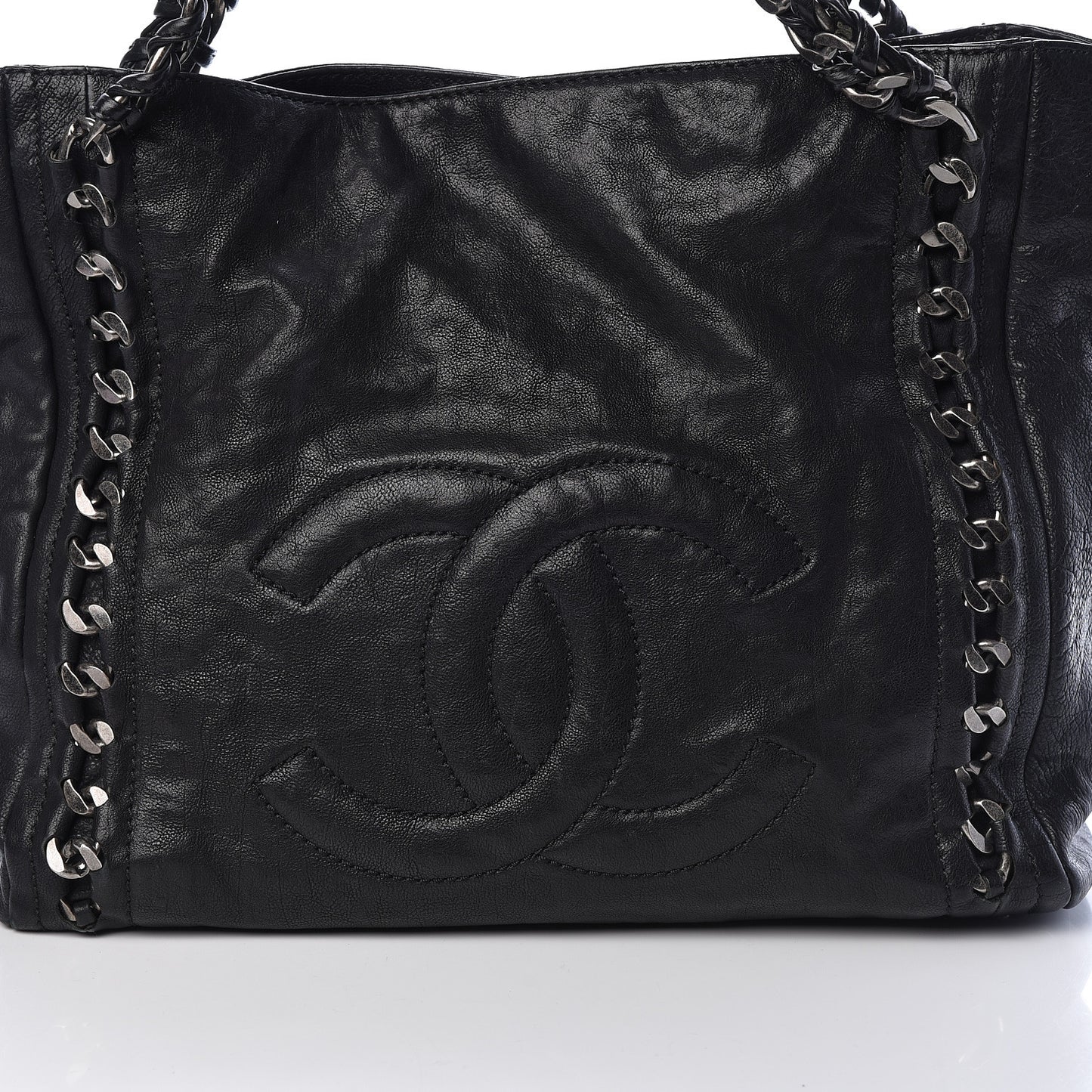 Glazed Calfskin Modern Chain Tote Black