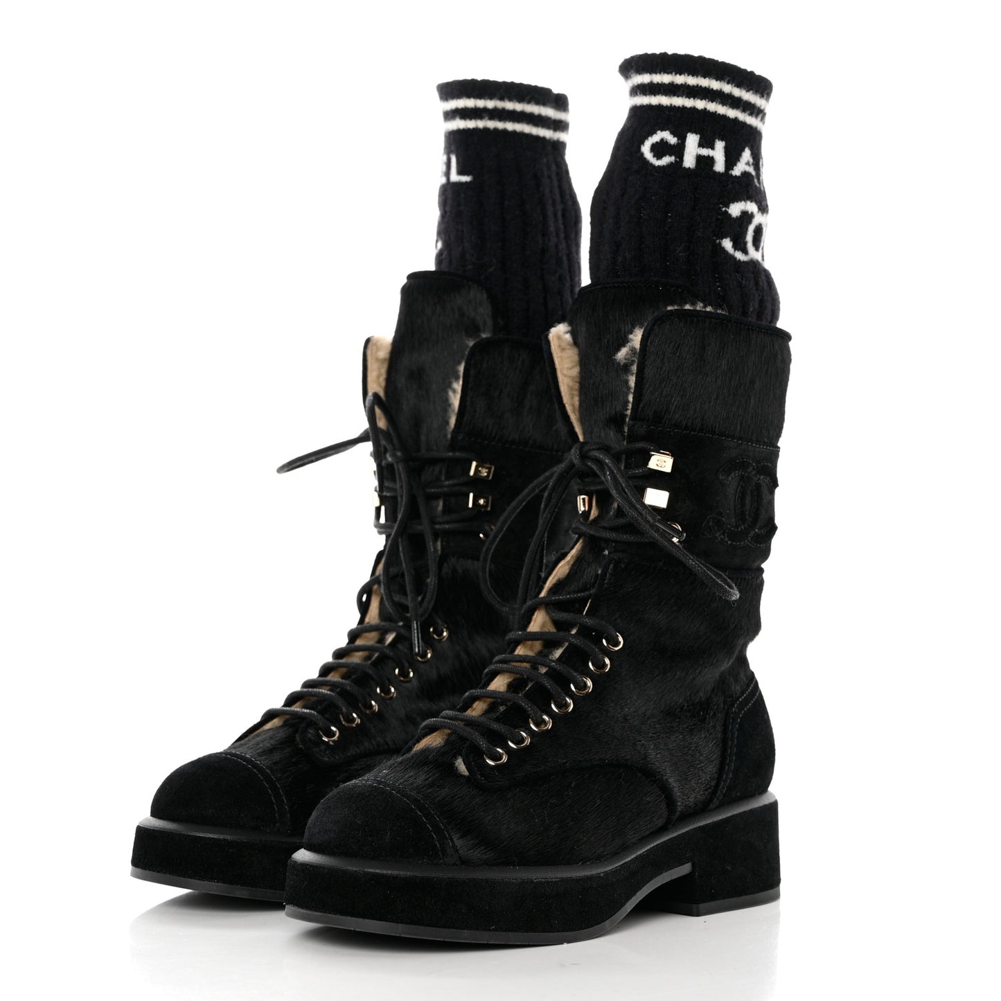 Suede Pony Hair Shearling Lace Up Combat Boots 35 Black White