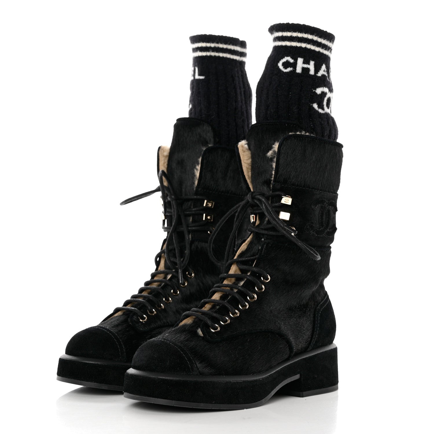 Chanel Suede Pony Hair Shearling Lace Up Combat Boots 35 Black White 2 of 13