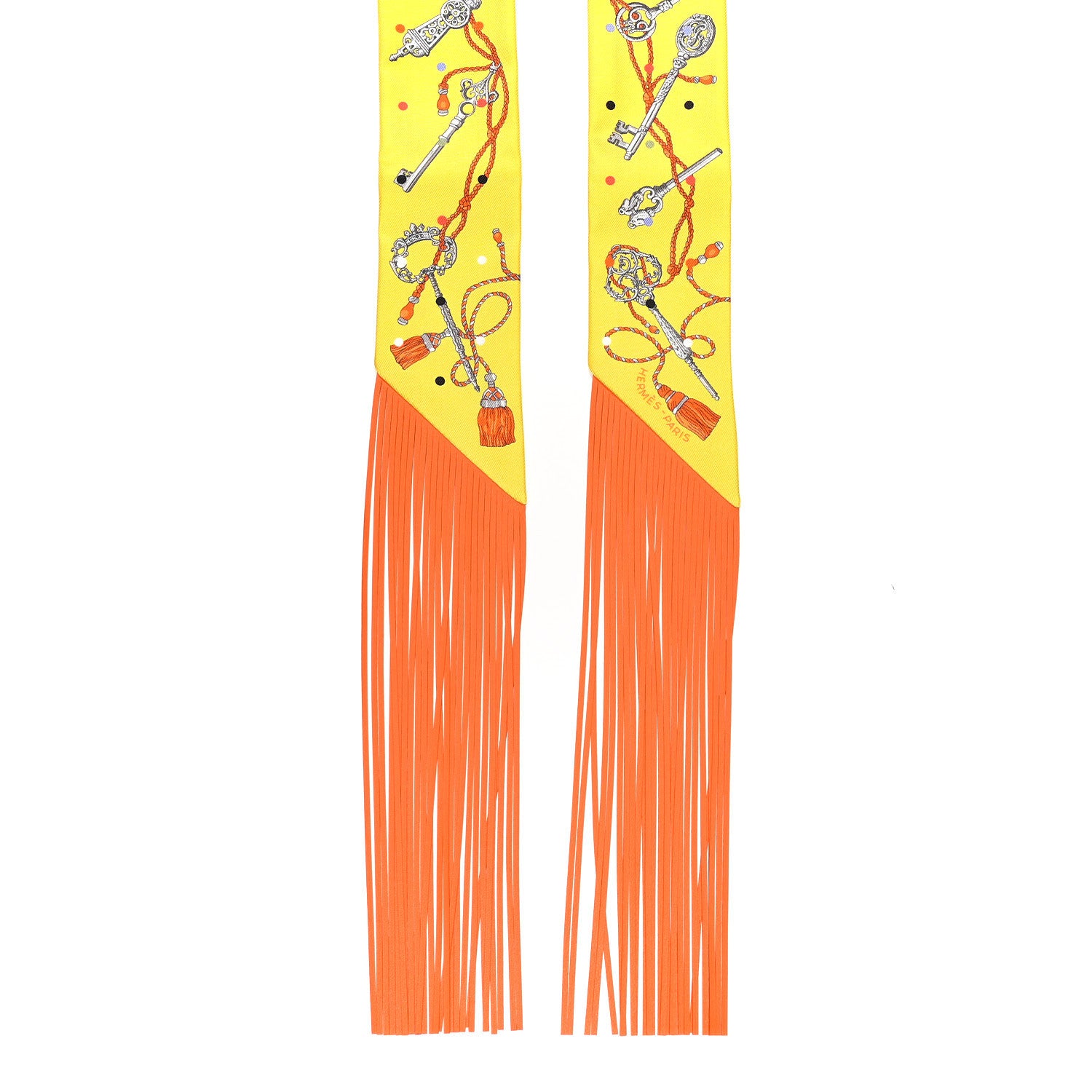 Hermes Silk Calfskin Les Cles A Pois Fringed Twilly Jaune Argent Orange Vif 2 of 4