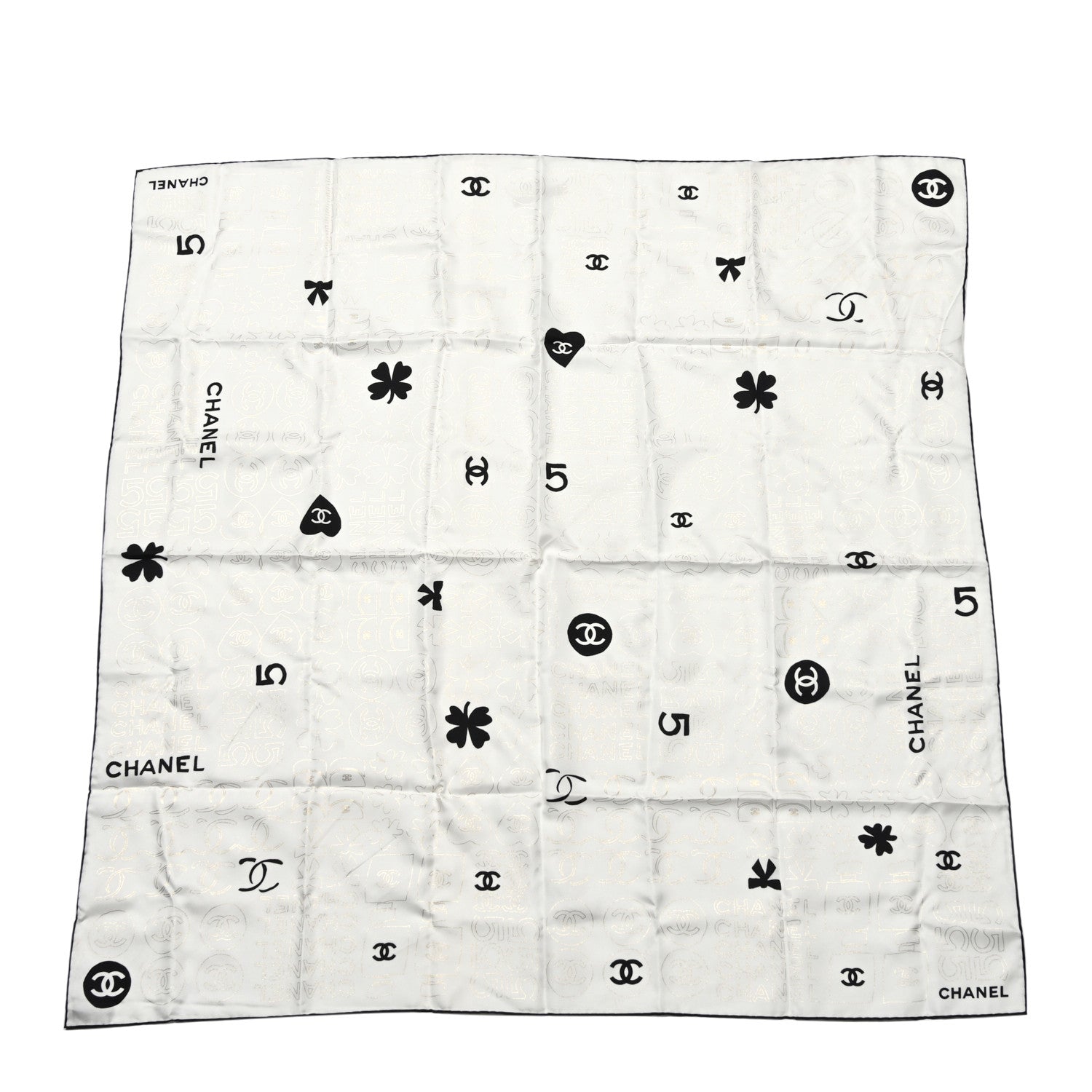 Chanel Silk CC Logo Charms Scarf White Gold Black 1 of 4