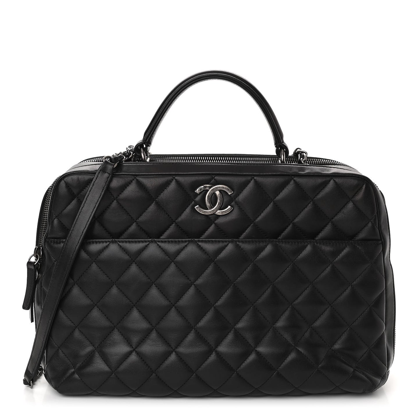 Lambskin Quilted Large Trendy CC Bowling Bag Black