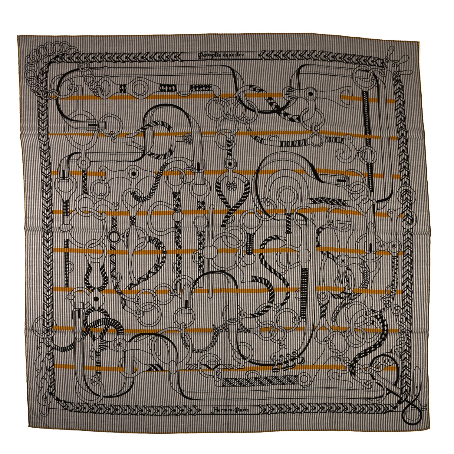 Hermes Cashmere Silk Panoplie Equestre Eye Shawl 140 Ebene Jaune Gris 1 of 5