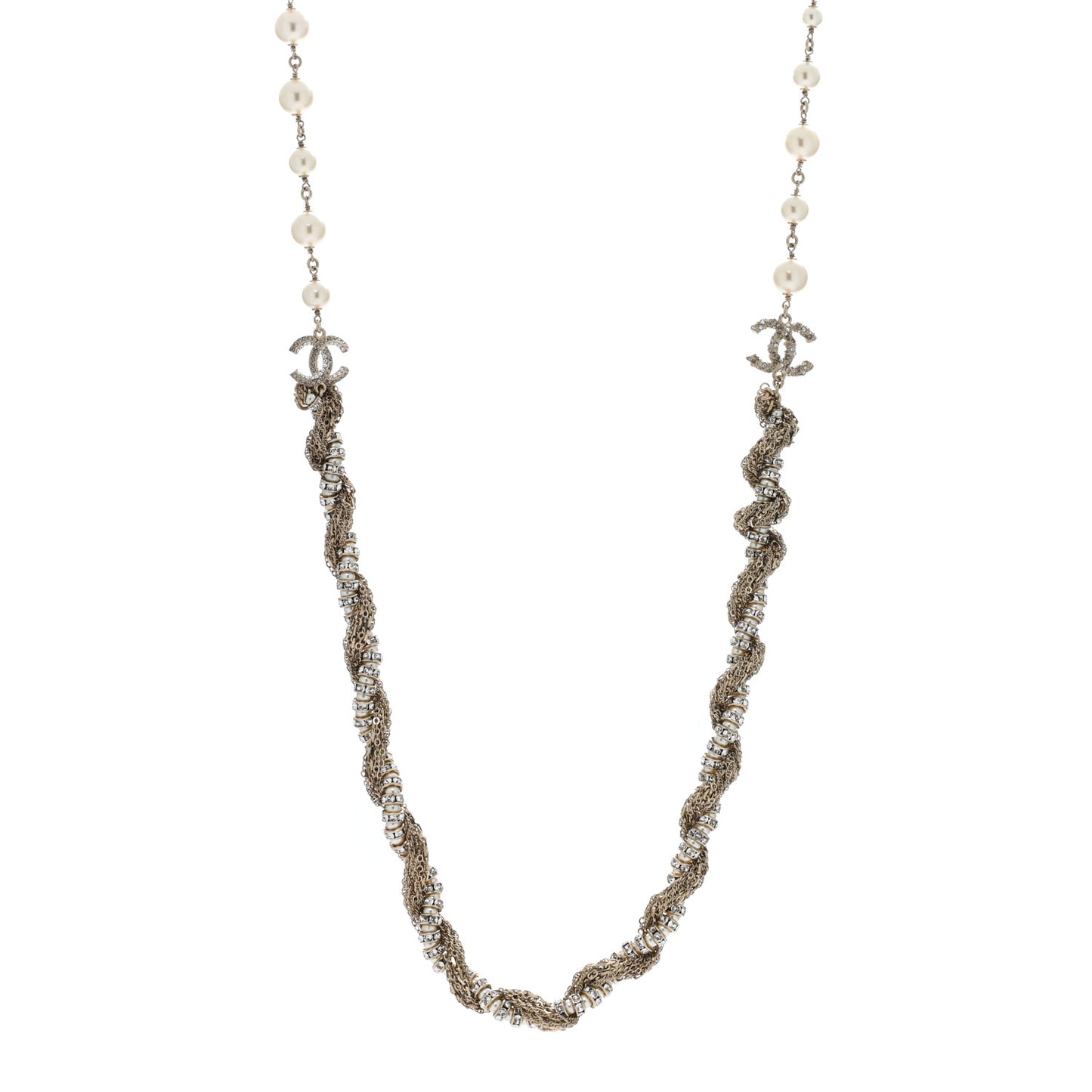 Pearl Crystal CC Braided Chain Long Necklace Light Gold