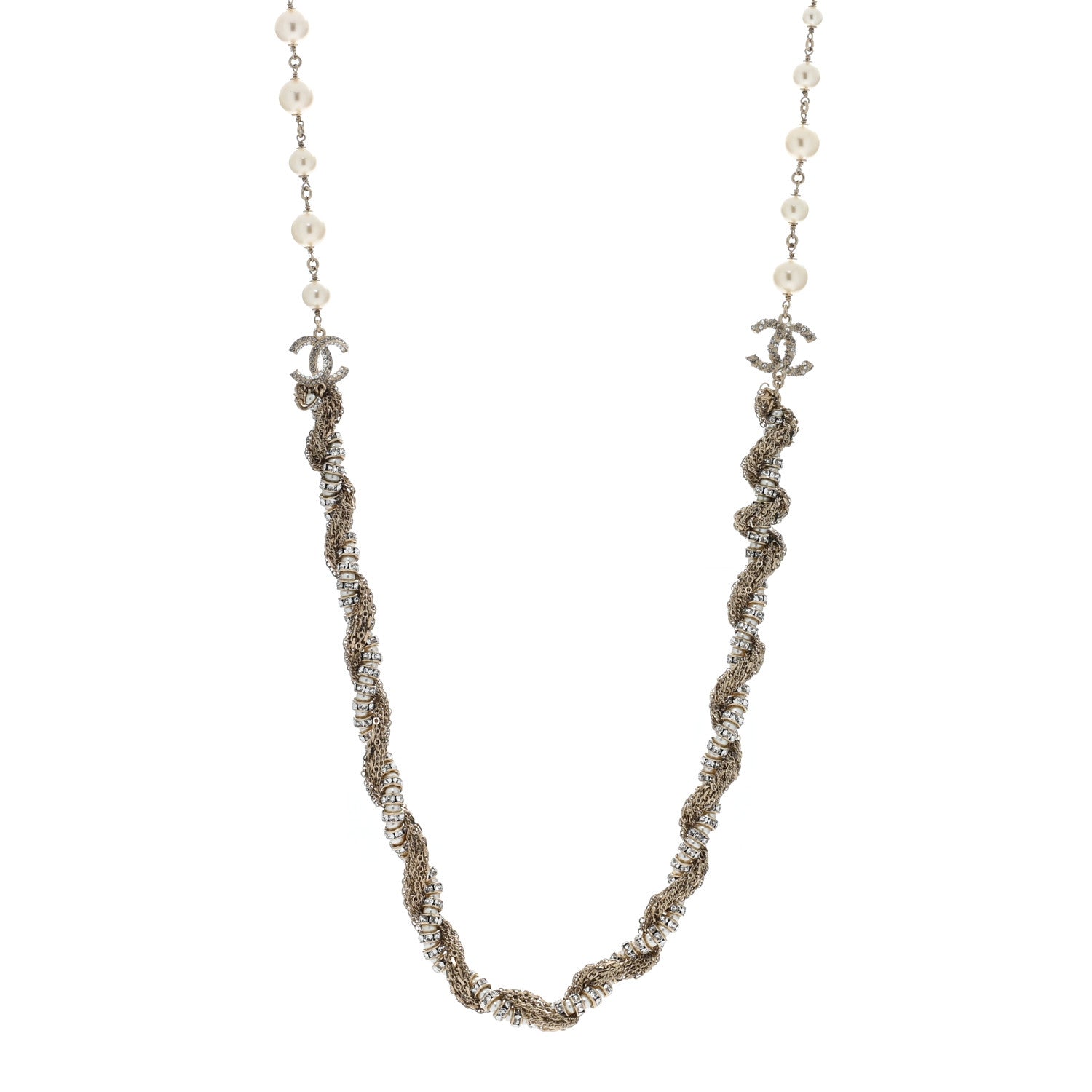 Chanel Pearl Crystal CC Braided Chain Long Necklace Light Gold 1 of 4