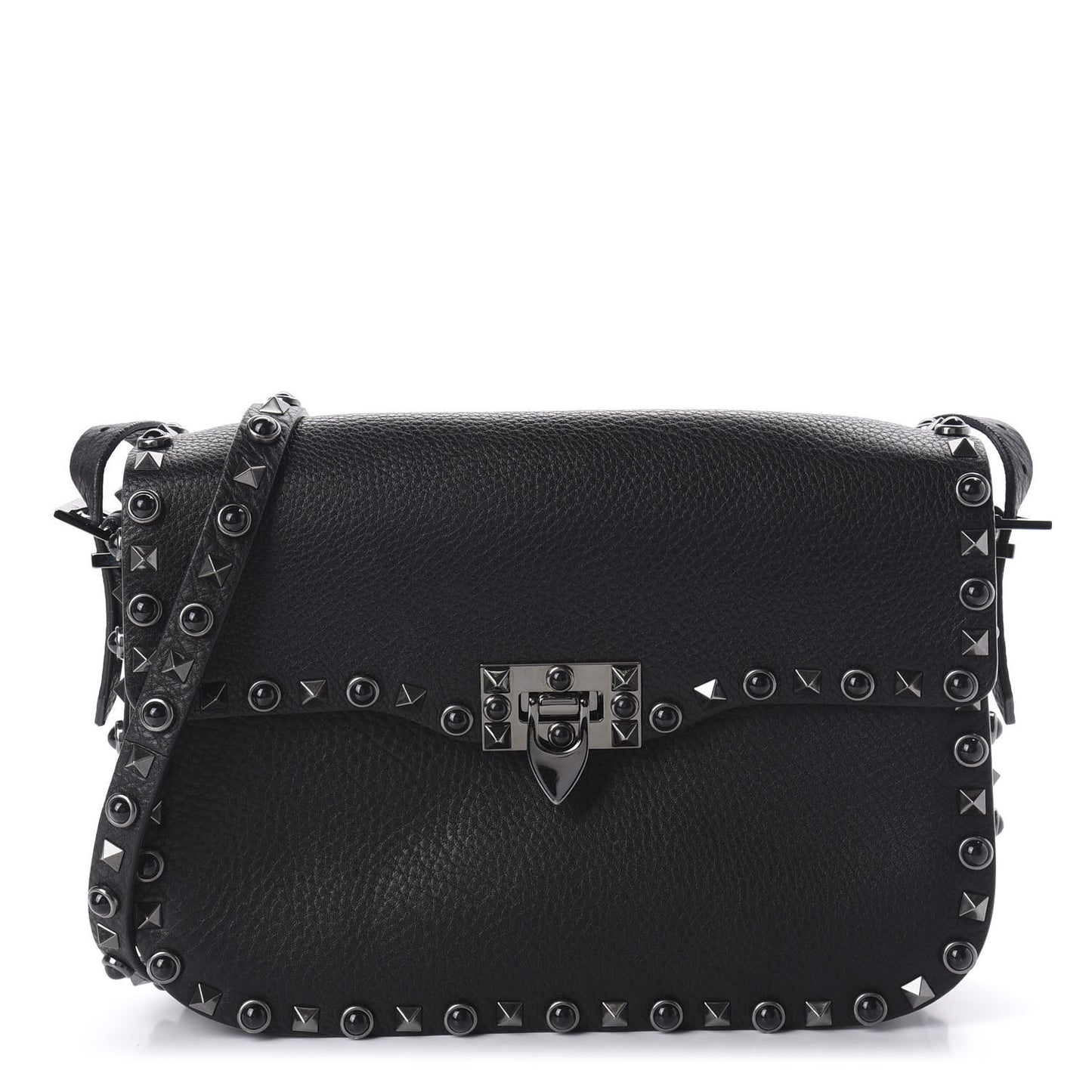 Pebbled Calfskin Onyx Medium Rockstud Rolling Flap Saddle Bag Black