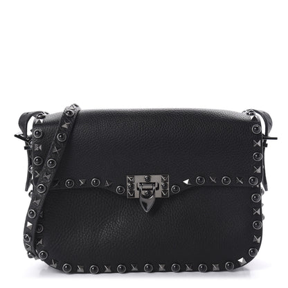 Valentino Garavani Pebbled Calfskin Onyx Medium Rockstud Rolling Flap Saddle Bag Black 1 of 9