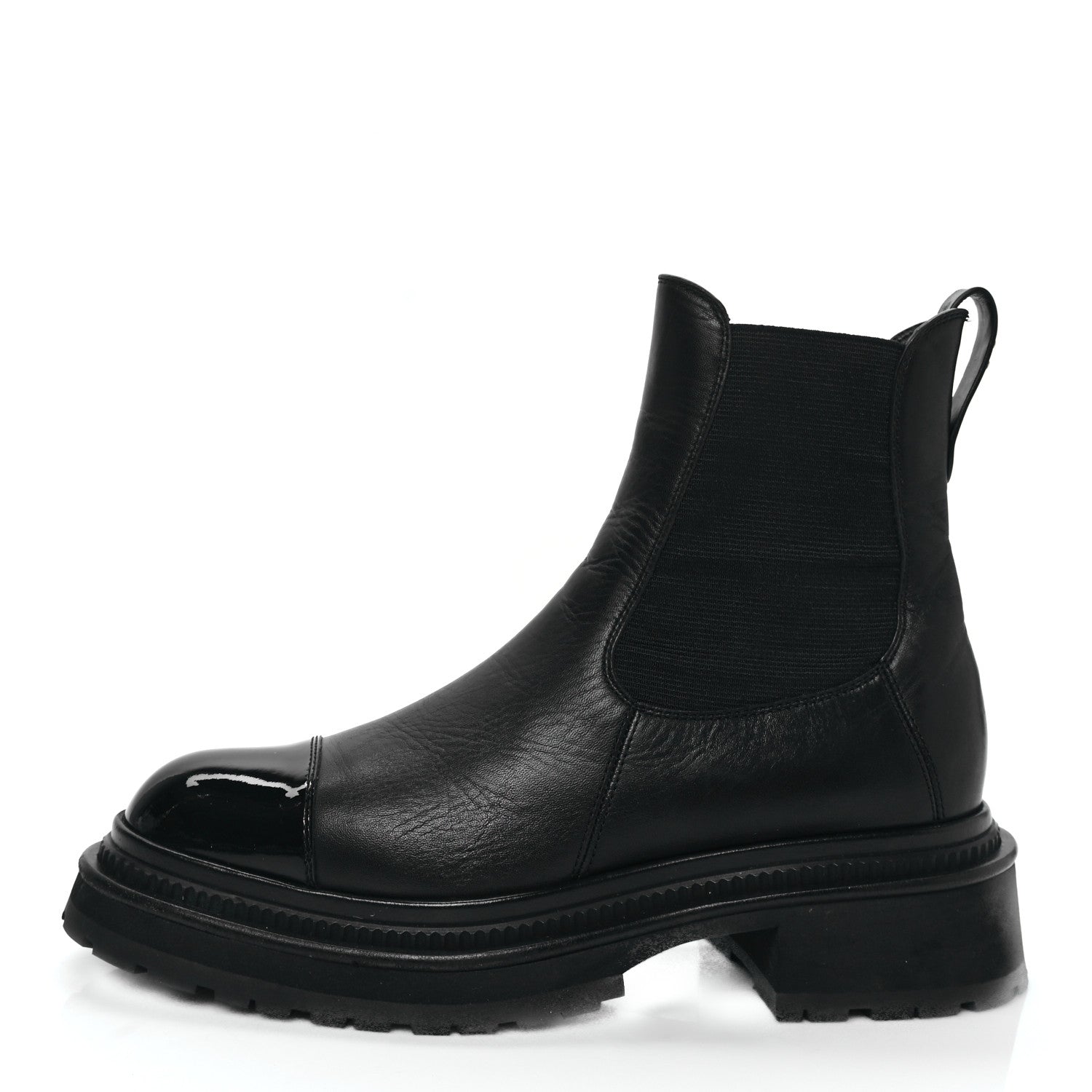 Chanel Grained Calfskin Patent Cap Toe CC Platform Ankle Boots 37.5 Black 1 of 10