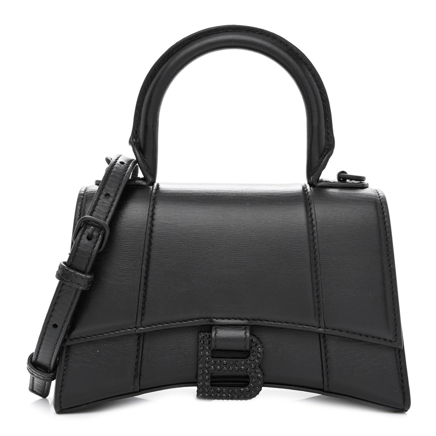 Shiny Box Calfskin Strass Hourglass Top Handle Bag XS Black