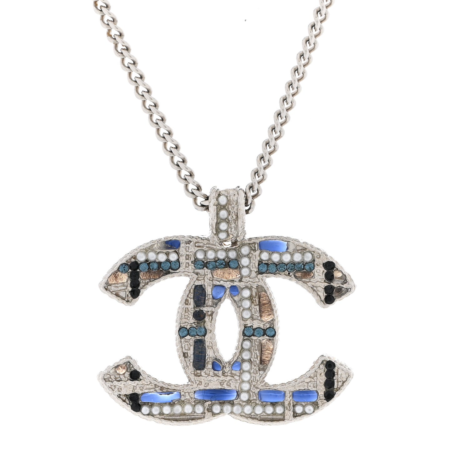 Crystal Pearl Tweed Effect CC Necklace Blue White