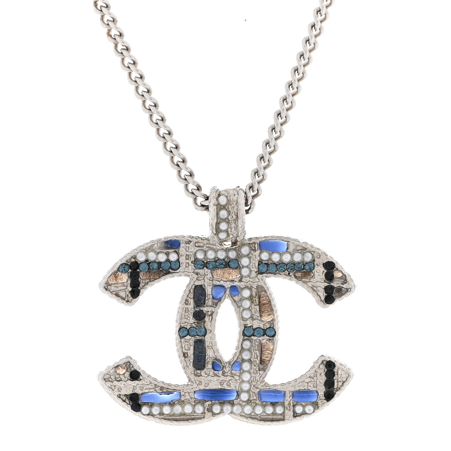 Chanel Crystal Pearl Tweed Effect CC Necklace Blue White 4 of 6