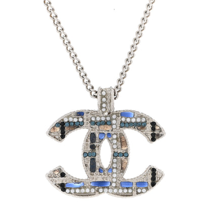 Chanel Crystal Pearl Tweed Effect CC Necklace Blue White 4 of 6