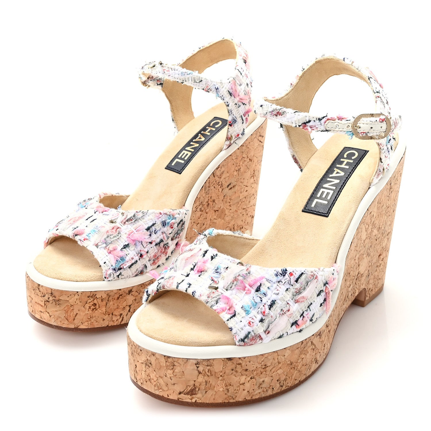 Chanel Tweed Cork CC Wedge Sandals 39 Ecru Pink Blue Green 4 of 8