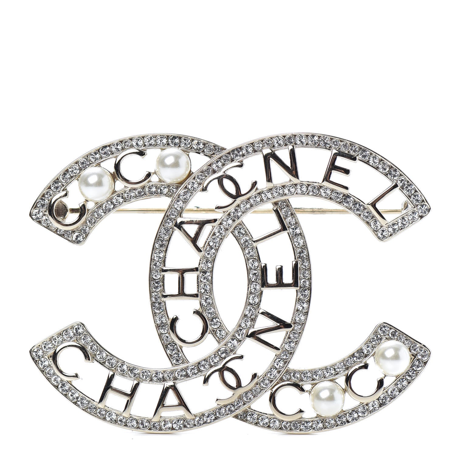 Chanel Crystal Pearl Coco CC Logo Brooch Gold 1 of 4