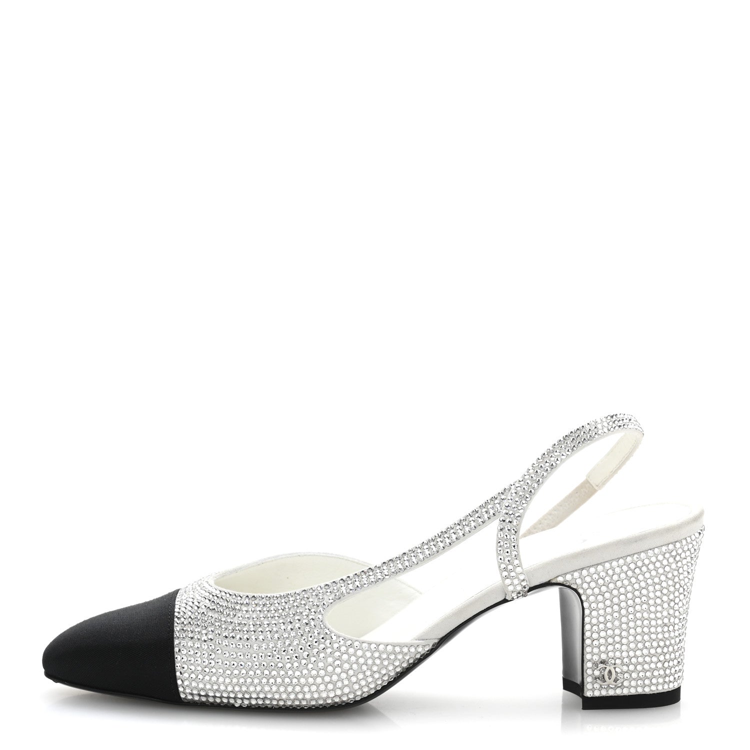 Chanel Strass Grosgrain Cap Toe CC Slingback Pumps 37.5 Silver Black 1 of 10