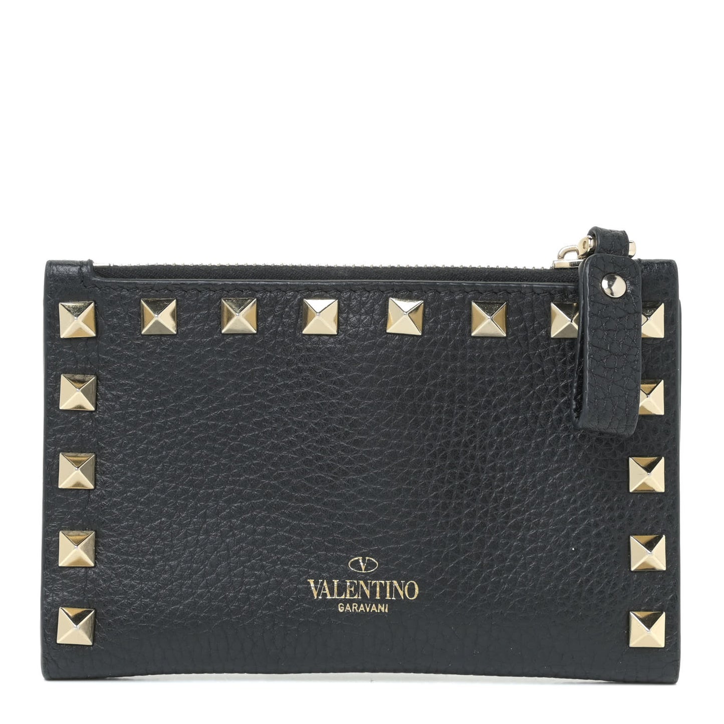 Pebbled Calfskin Rockstud Coin Case Card Holder Black
