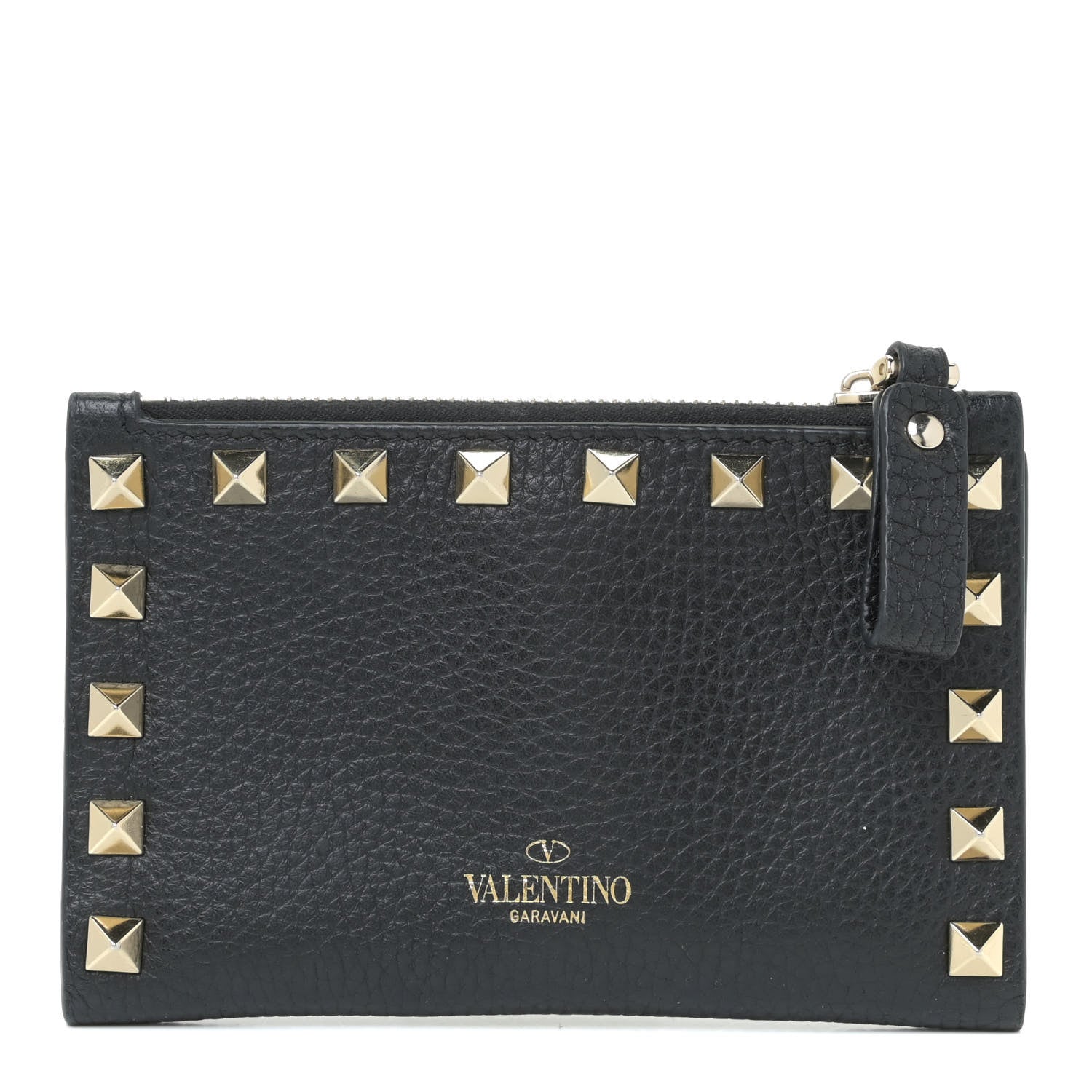 Valentino Garavani Pebbled Calfskin Rockstud Coin Case Card Holder Black 1 of 9