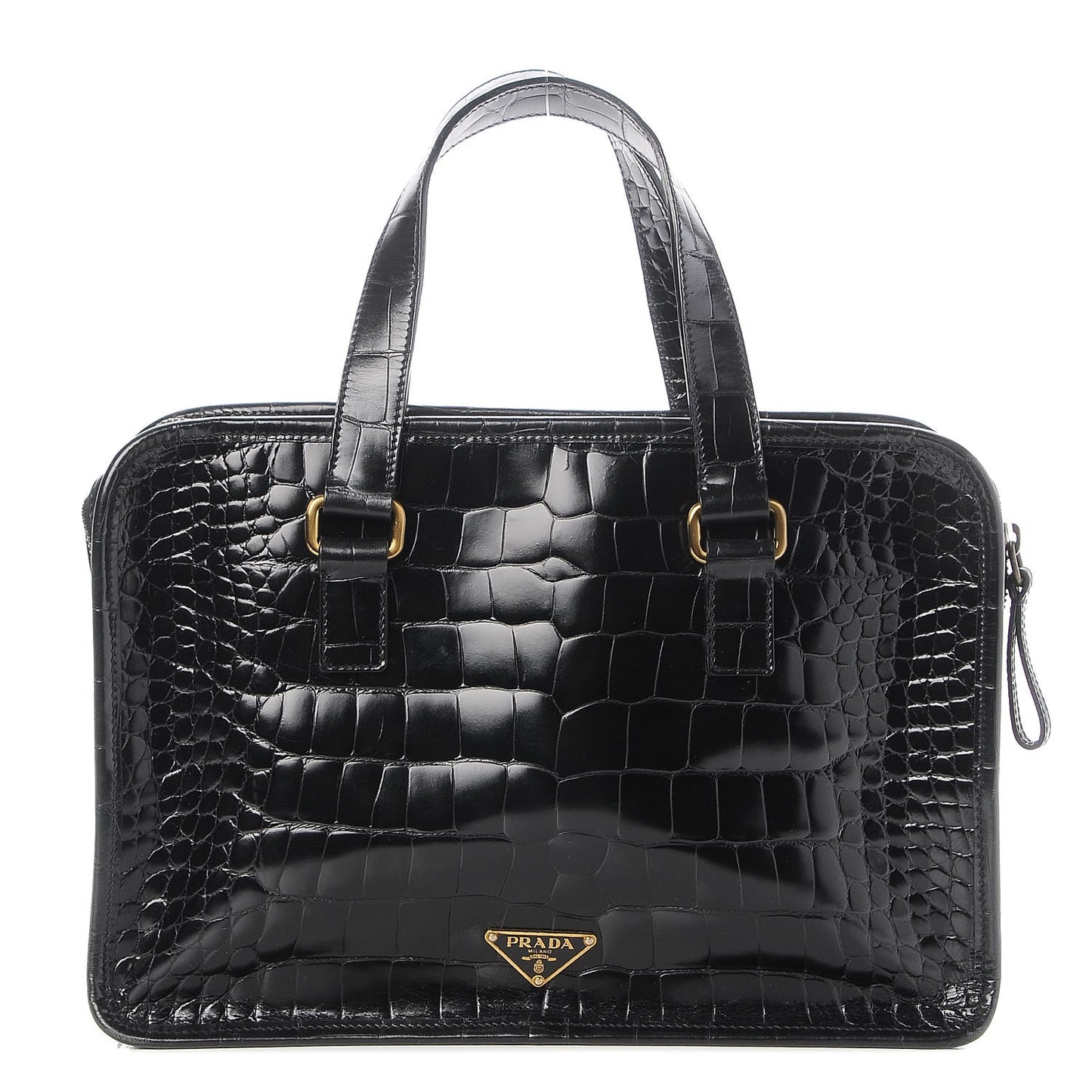 Shiny Calfskin Crocodile Embossed Double Zip Tote Black