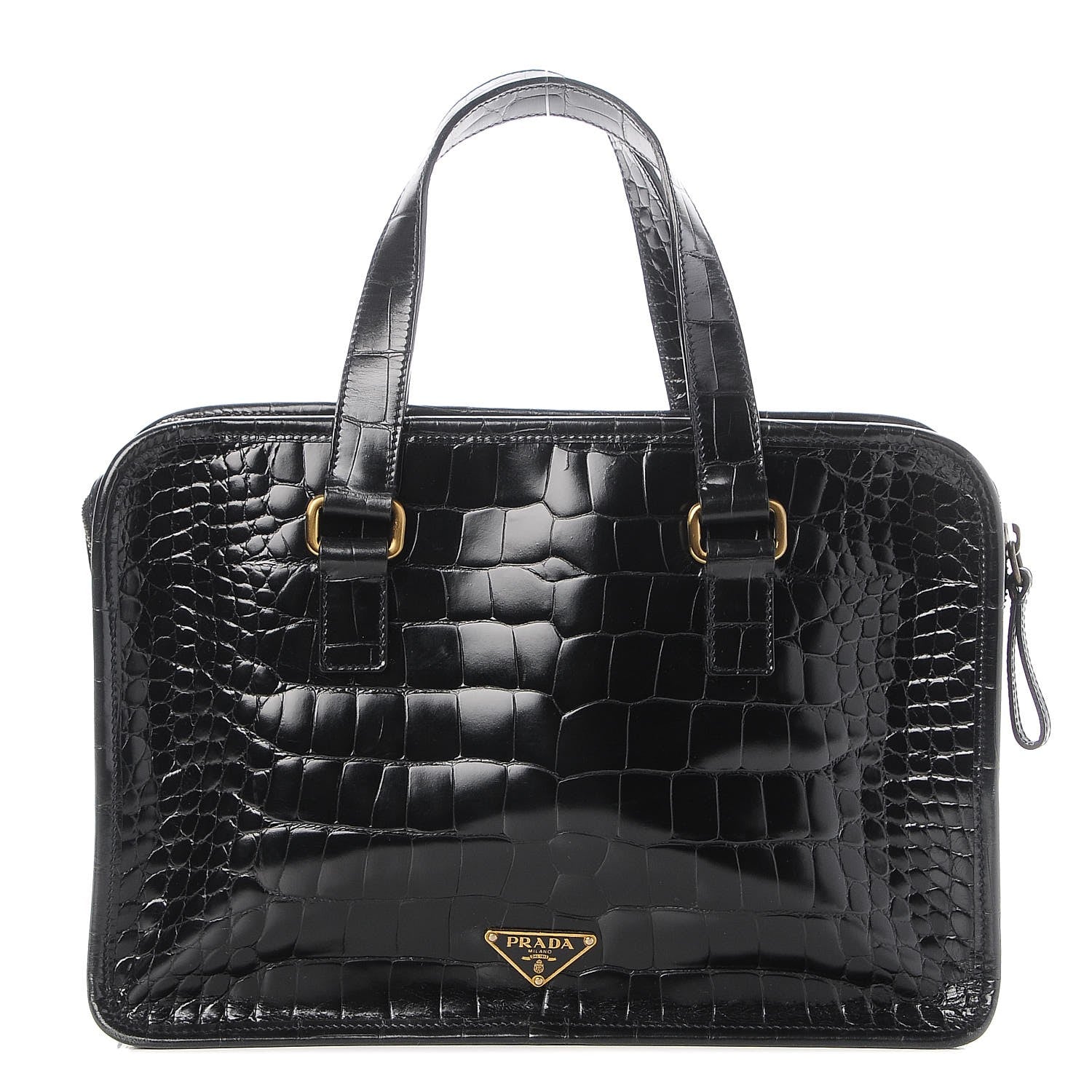 Prada Shiny Calfskin Crocodile Embossed Double Zip Tote Black 1 of 7
