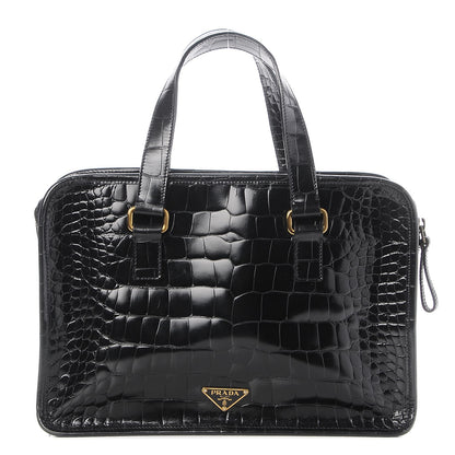 Prada Shiny Calfskin Crocodile Embossed Double Zip Tote Black 1 of 7