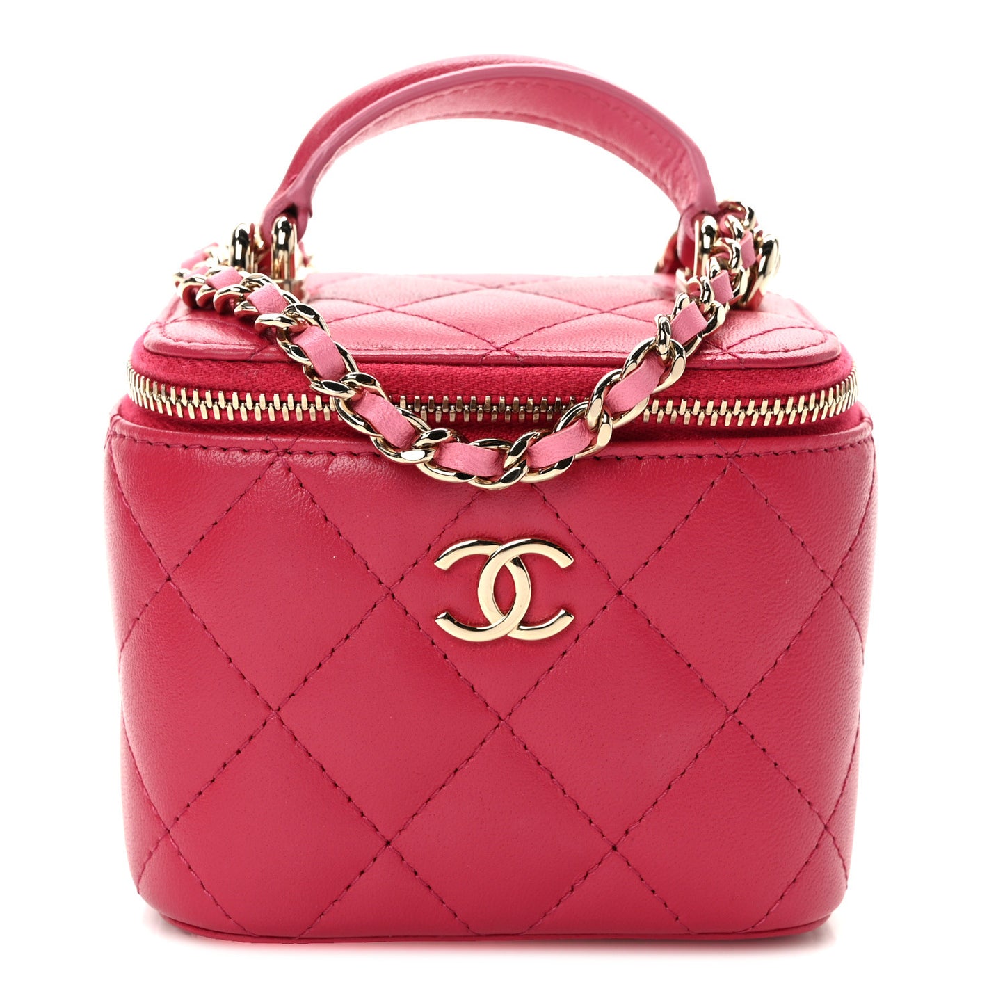 Lambskin Quilted Mini Top Handle Vanity Case With Chain Dark Pink