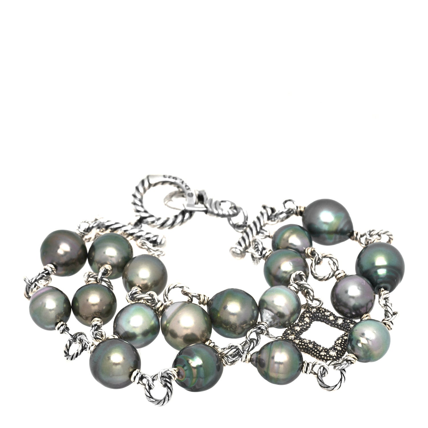 David Yurman Sterling Silver Diamond Tahitian Pearl Quatrefoil Mutli Row Bracelet 1 of 4