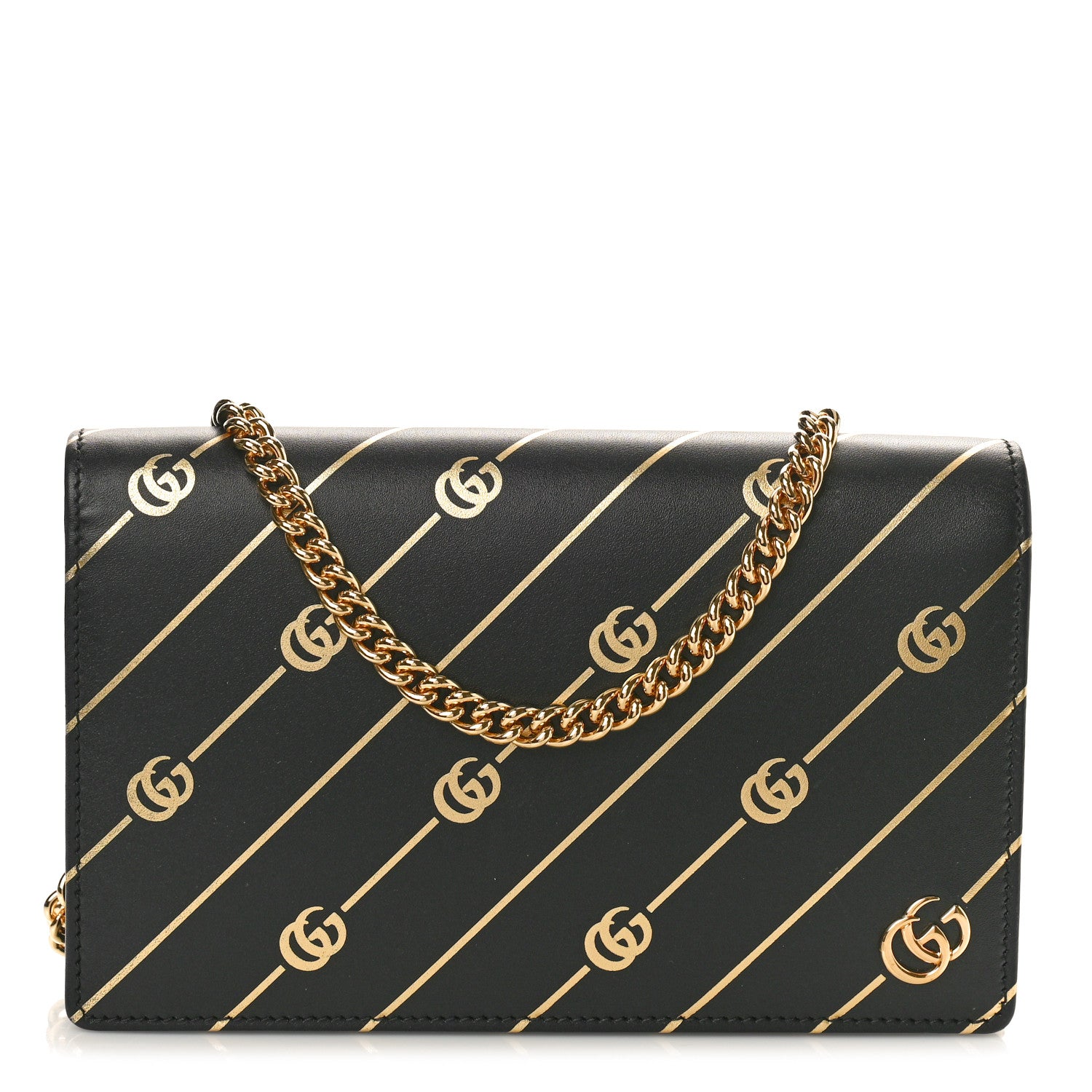 Gucci Calfskin Diagonal GG Mini Chain Wallet Black Gold 1 of 10