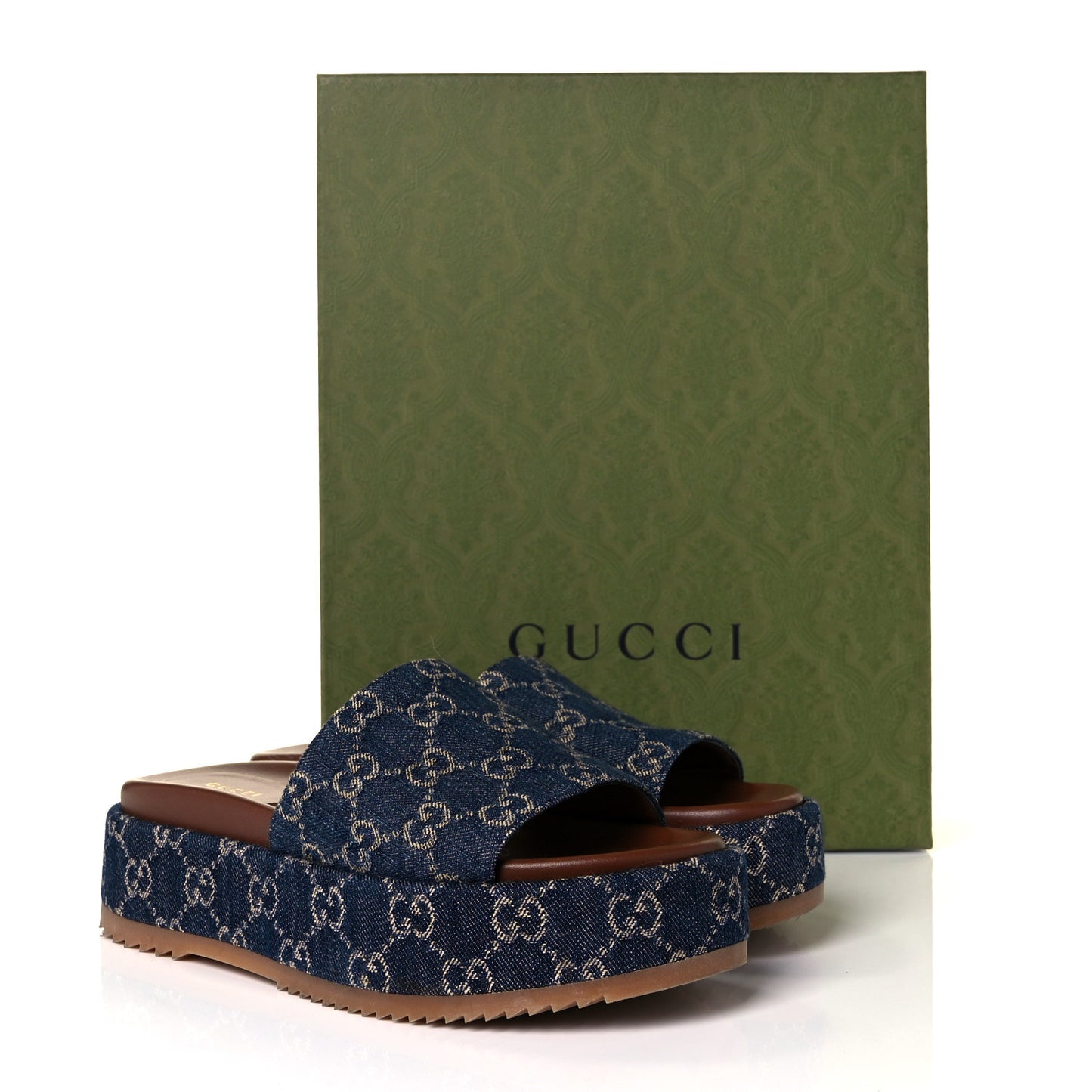 New Denim GG Monogram Angelina Platform 55mm Slide Sandals 38.5 Blue Tea