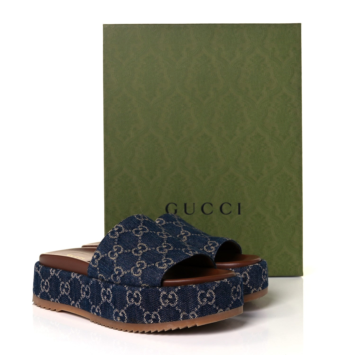 Gucci New Denim GG Monogram Angelina Platform 55mm Slide Sandals 38.5 Blue Tea 9 of 9