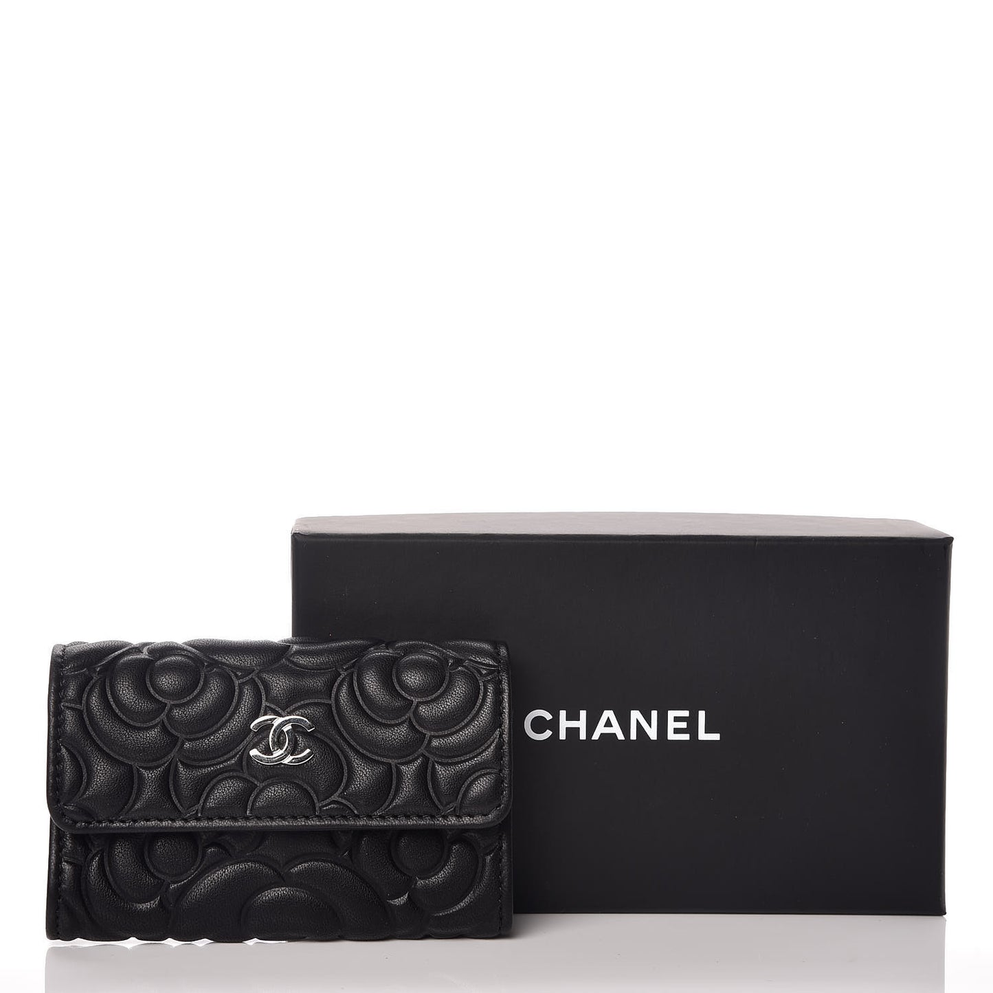 Lambskin Camellia Embossed Card Holder Wallet Black