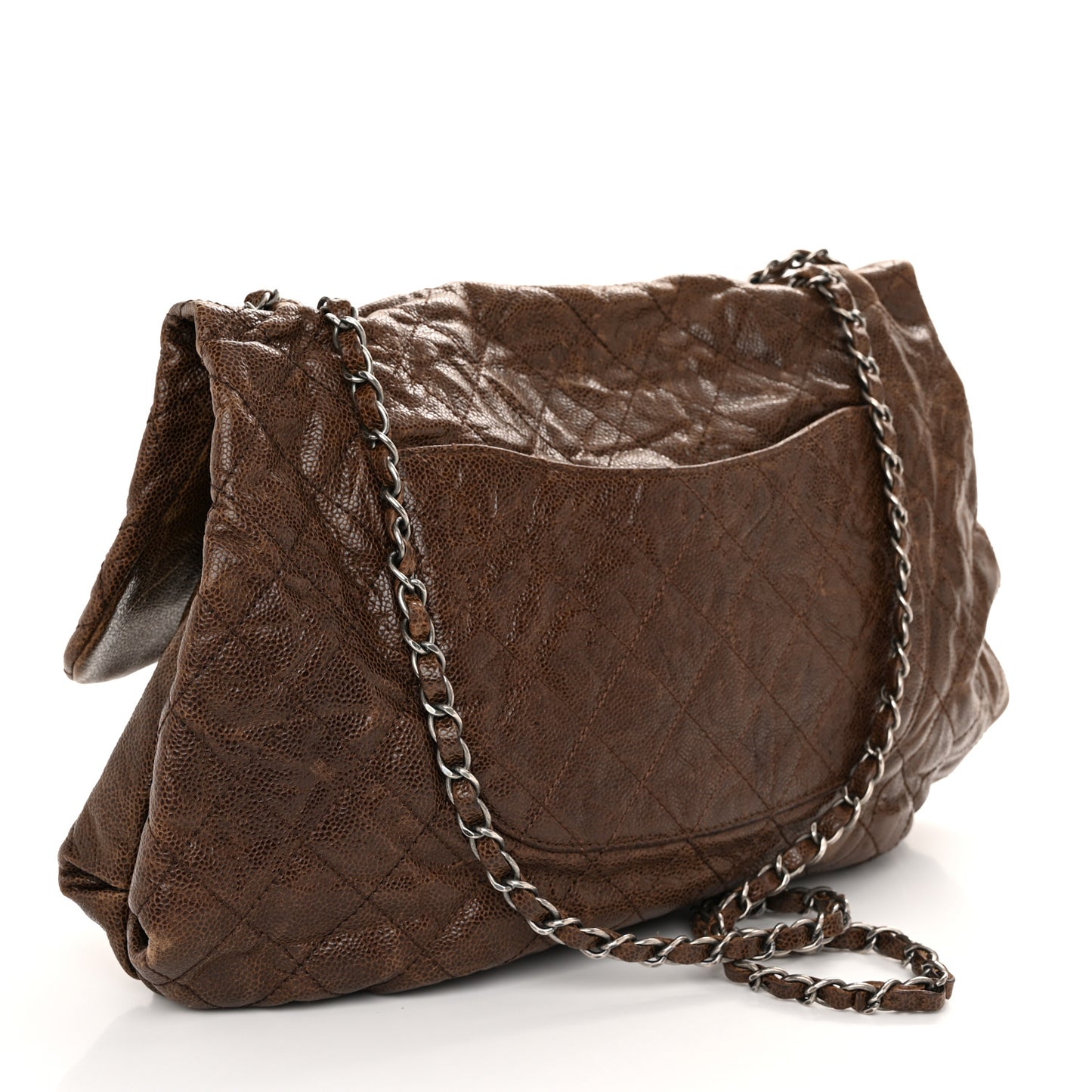 Crumpled Caviar Quilted Maxi Elastic Flap Brown