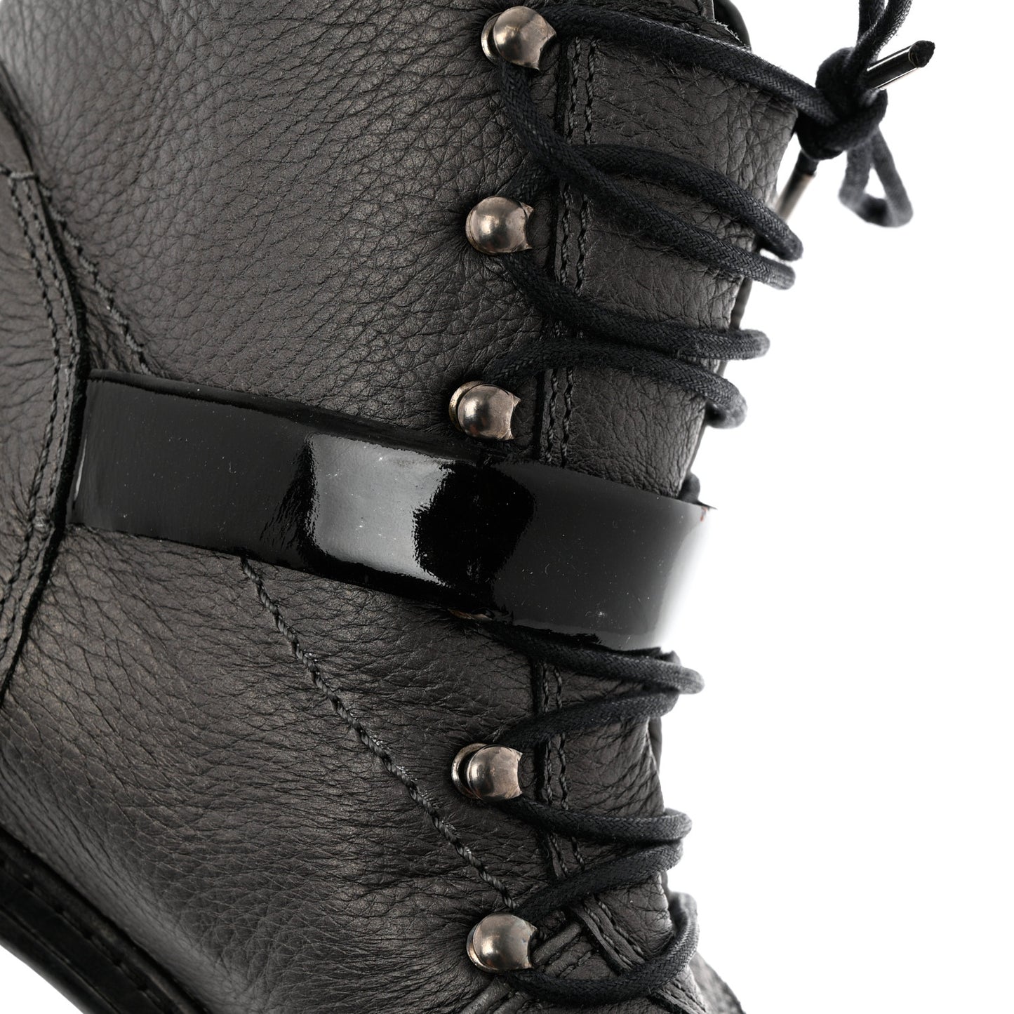 Metallic Grained Calfskin Patent Cap Toe Combat Short Boots 38.5 Dark Silver
