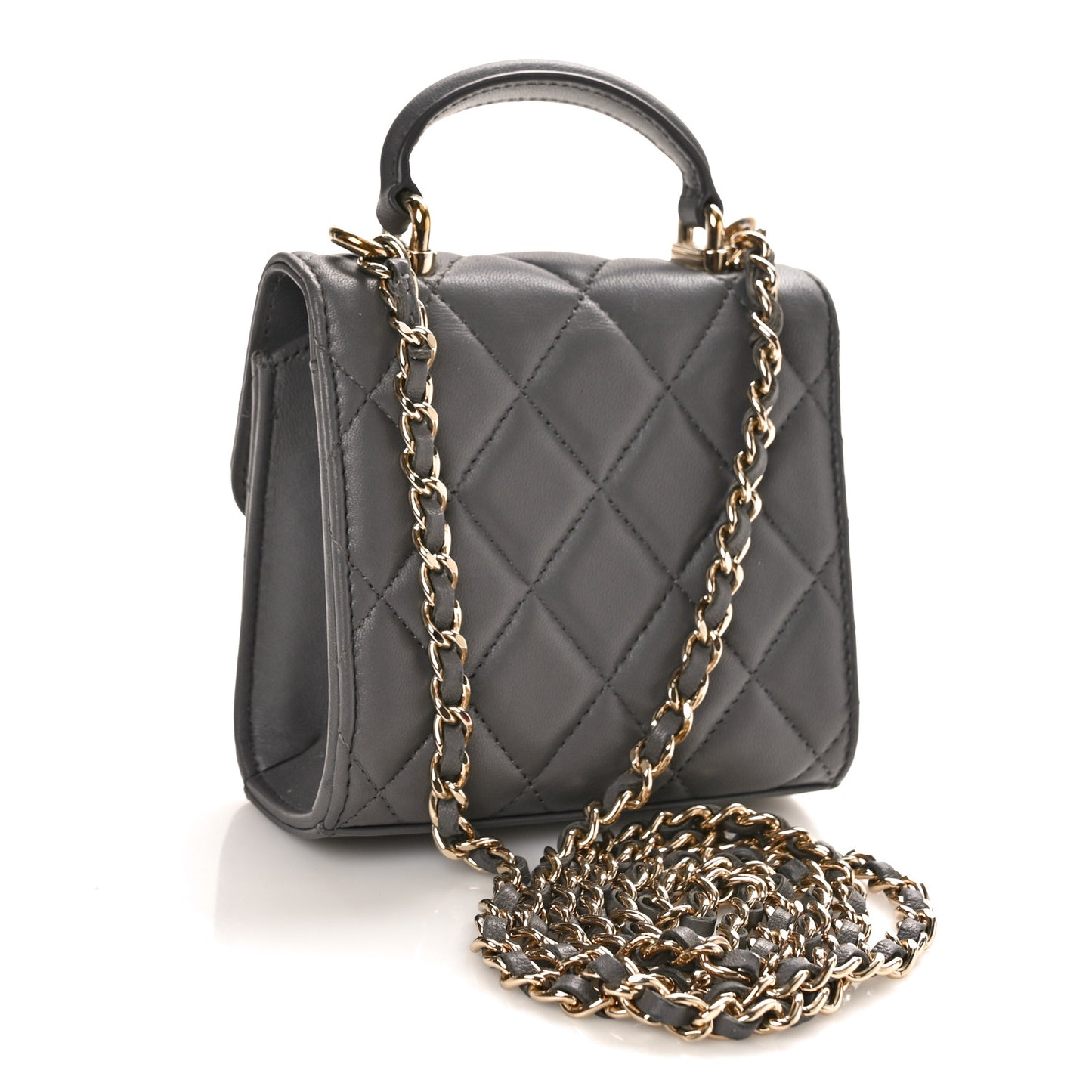 Lambskin Quilted Top Handle Flap Clutch With Chain Grey